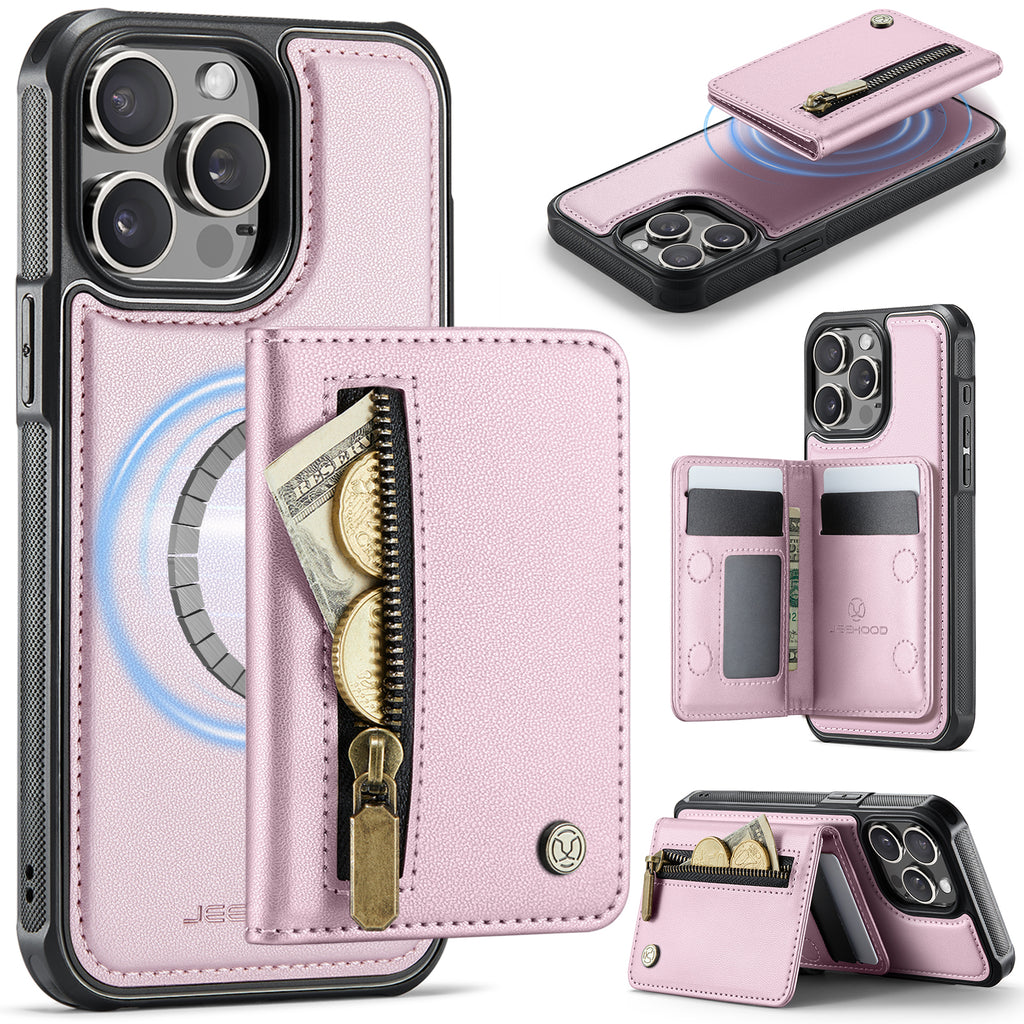 For iPhone 15 Pro Max Case JEEHOOD J12 Magnetic  Detachable Zipper Wallet Kickstand Leather Back Cover Compatible with MagSafe
