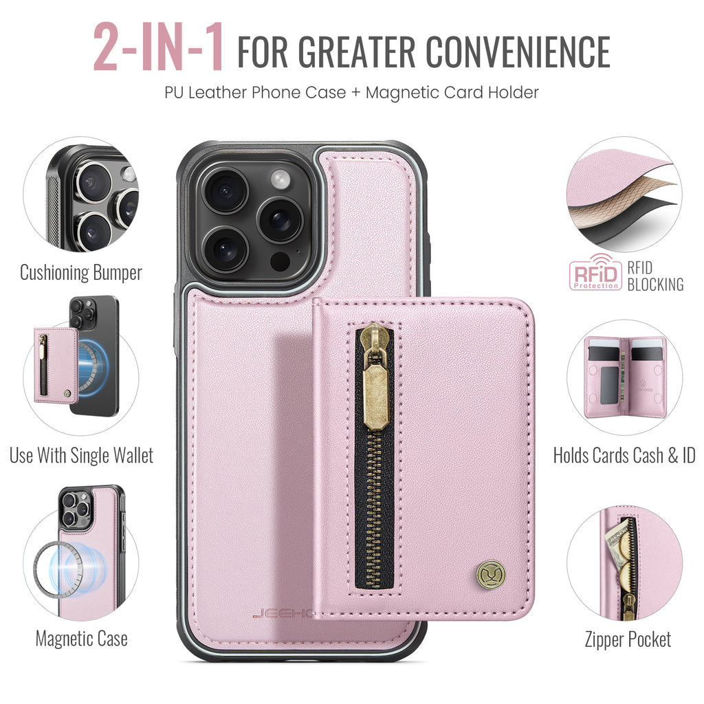 For iPhone 15 Pro Max Case JEEHOOD J12 Magnetic  Detachable Zipper Wallet Kickstand Leather Back Cover Compatible with MagSafe