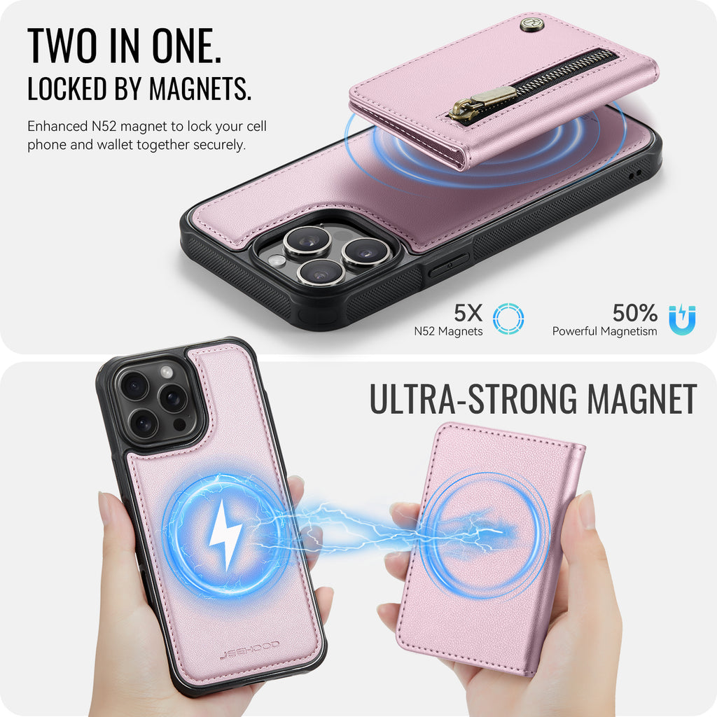 For iPhone 15 Pro Max Case JEEHOOD J12 Magnetic  Detachable Zipper Wallet Kickstand Leather Back Cover Compatible with MagSafe