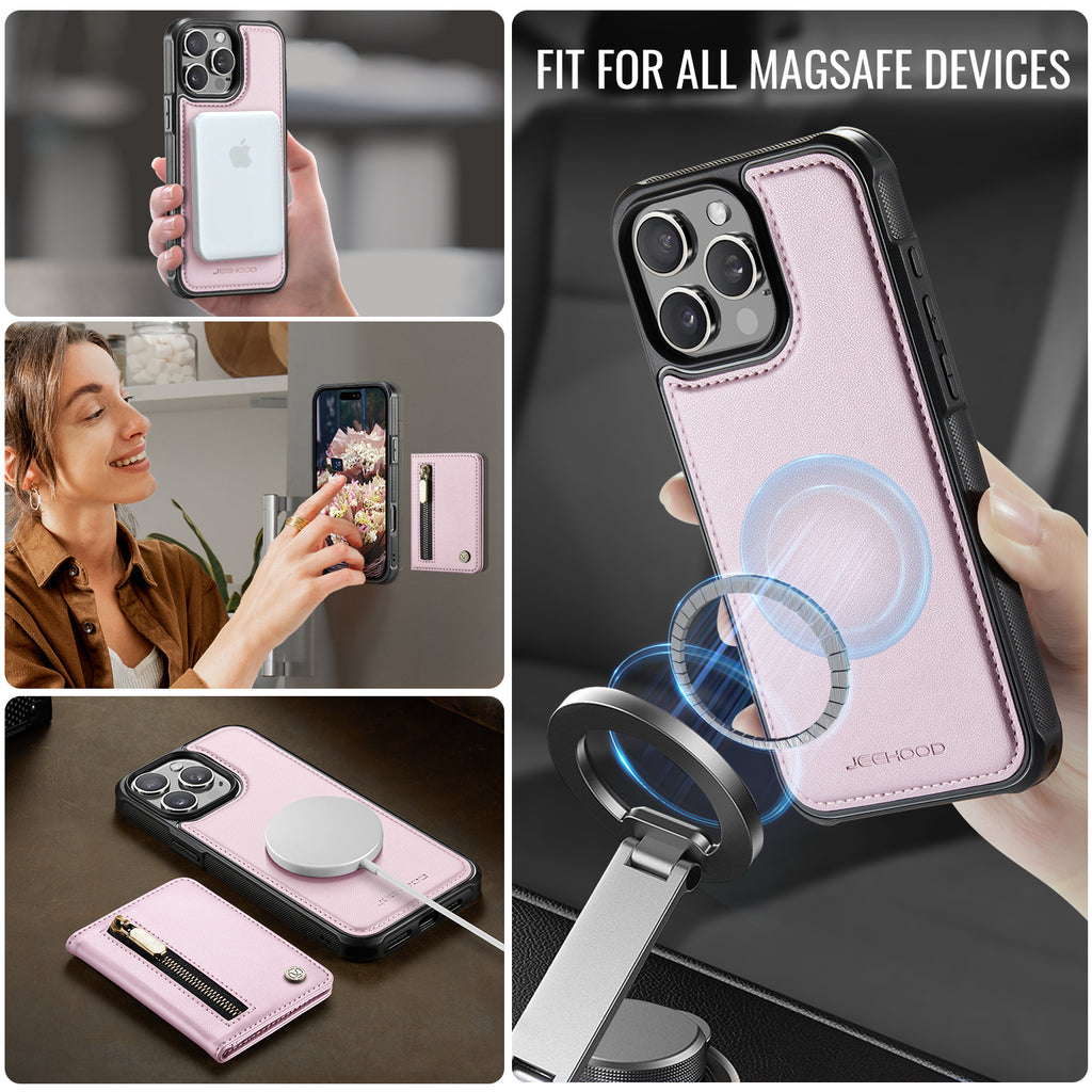 For iPhone 15 Pro Max Case JEEHOOD J12 Magnetic  Detachable Zipper Wallet Kickstand Leather Back Cover Compatible with MagSafe