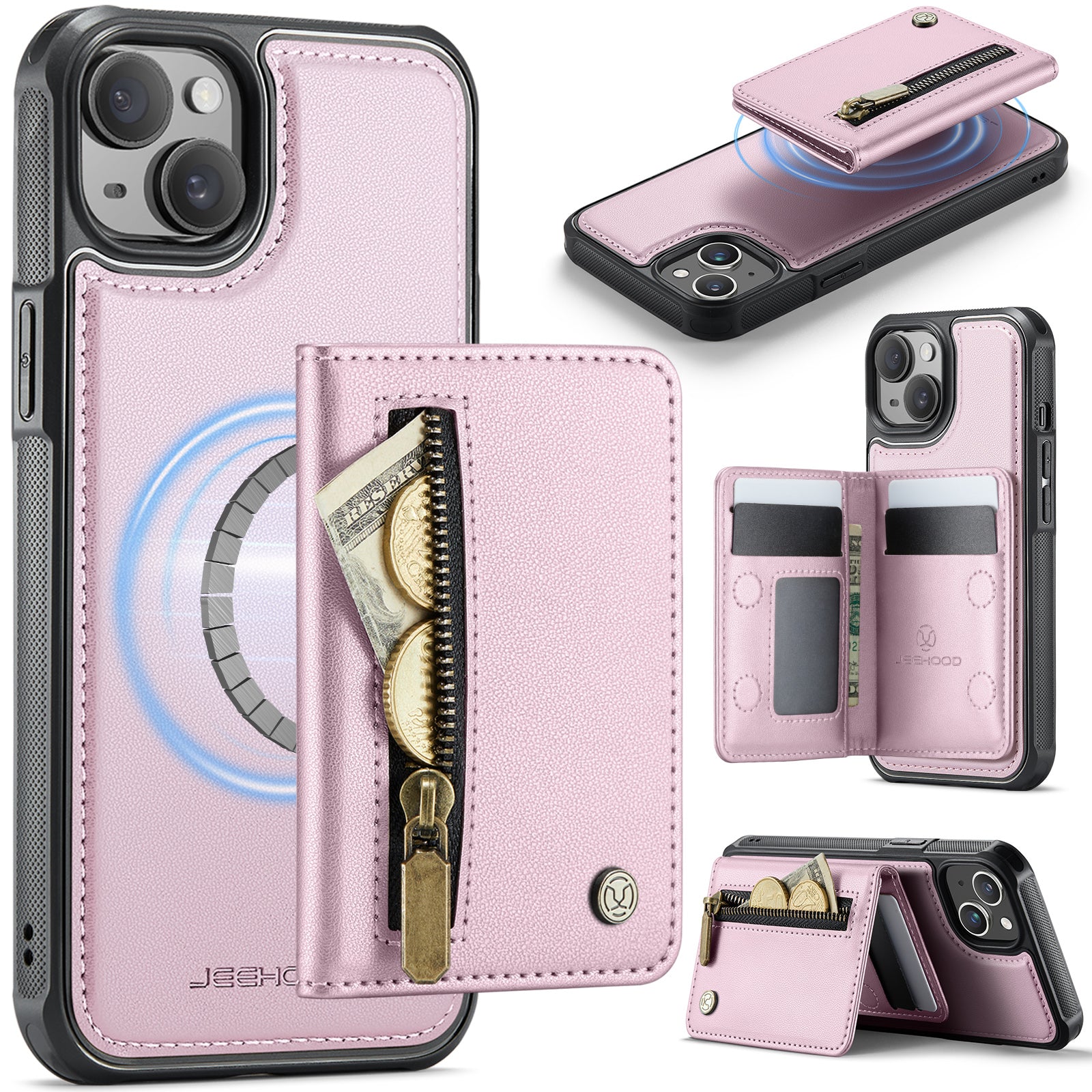 For iPhone 15 Plus / iPhone 14 Plus Case JEEHOOD J12 Magnetic  Detachable Zipper Wallet Kickstand Leather Back Cover Compatible with MagSafe