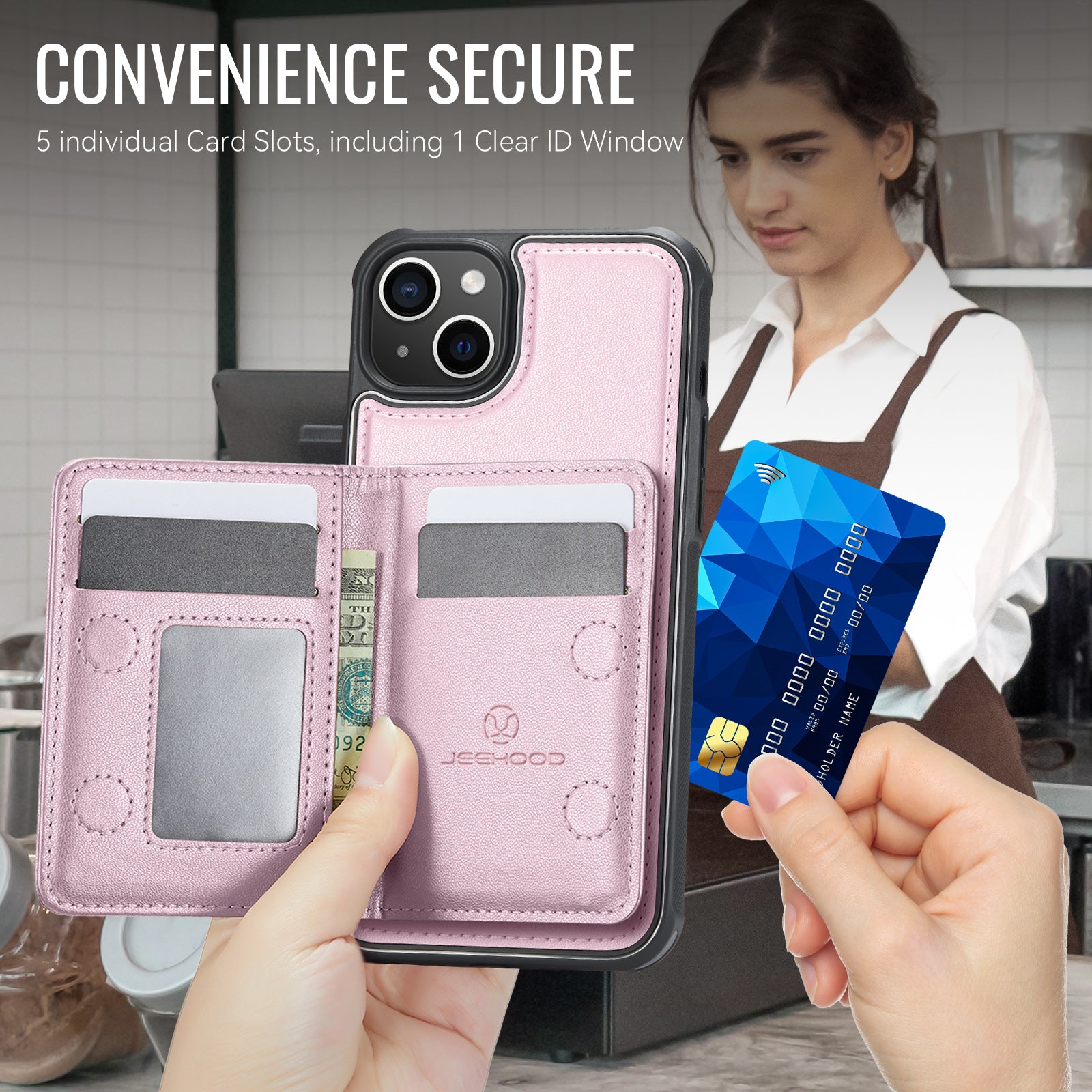 For iPhone 15 Plus / iPhone 14 Plus Case JEEHOOD J12 Magnetic  Detachable Zipper Wallet Kickstand Leather Back Cover Compatible with MagSafe