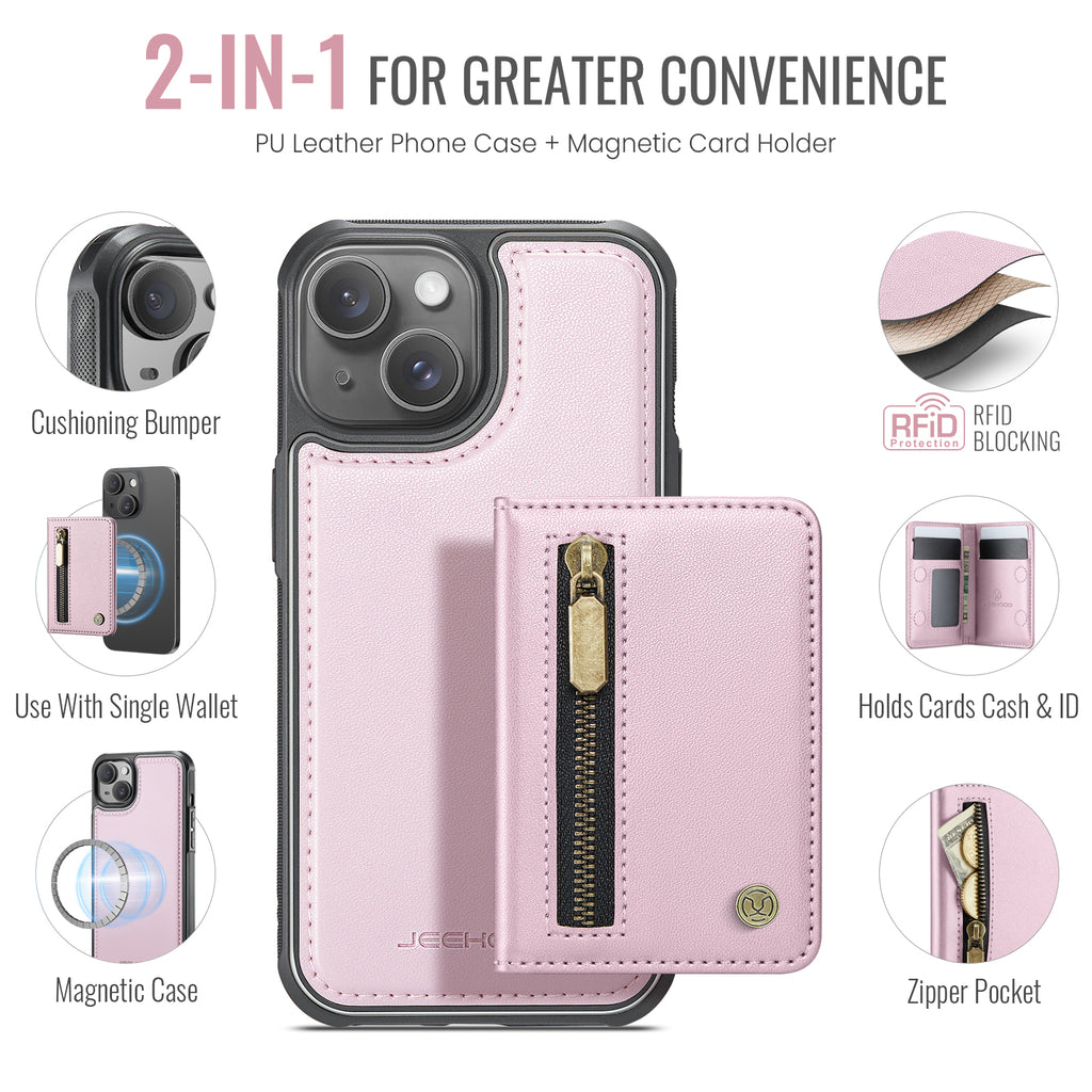 For iPhone 15 Plus / iPhone 14 Plus Case JEEHOOD J12 Magnetic  Detachable Zipper Wallet Kickstand Leather Back Cover Compatible with MagSafe