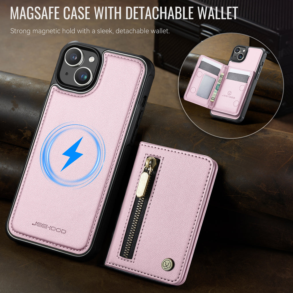 For iPhone 15 Plus / iPhone 14 Plus Case JEEHOOD J12 Magnetic  Detachable Zipper Wallet Kickstand Leather Back Cover Compatible with MagSafe