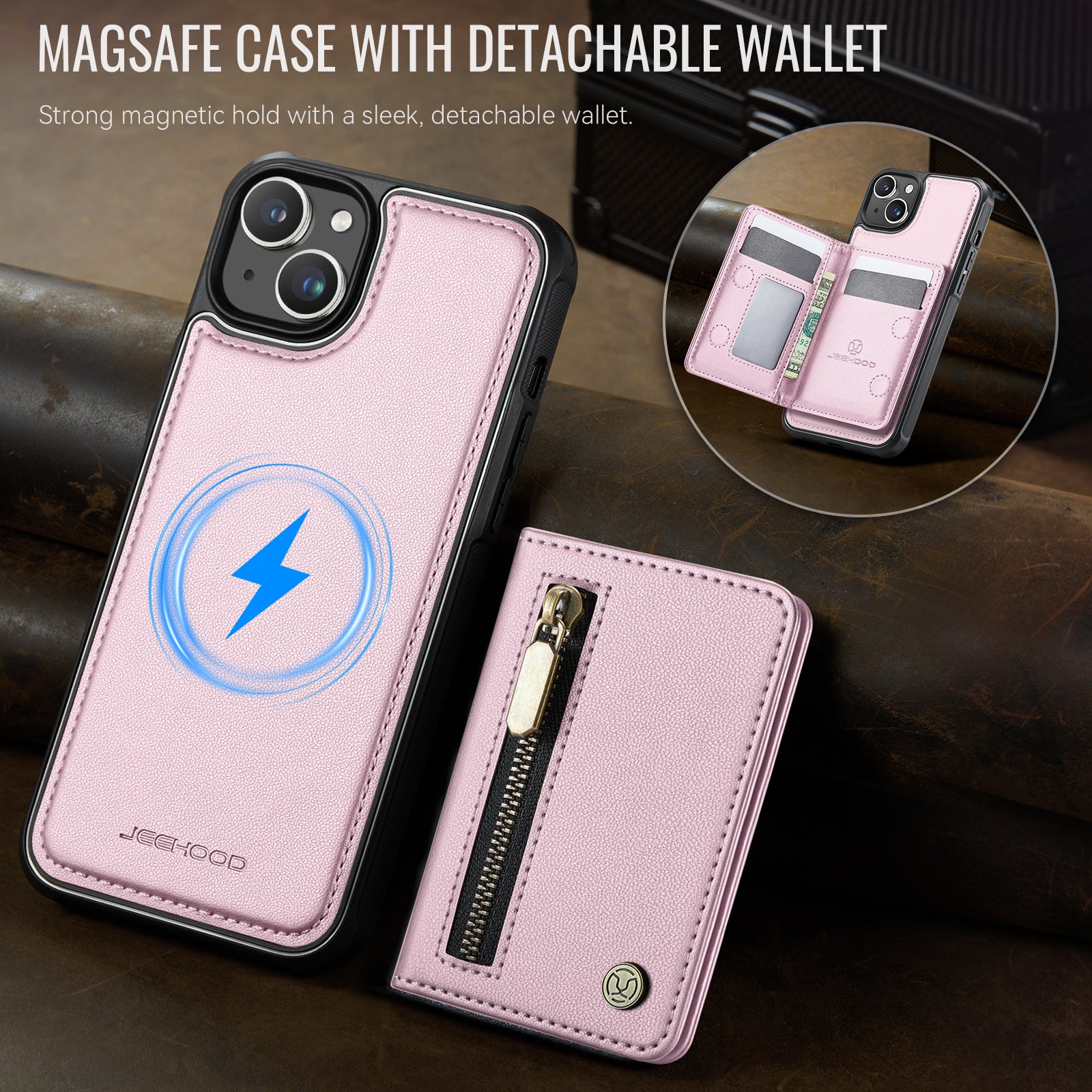 For iPhone 15 Plus / iPhone 14 Plus Case JEEHOOD J12 Magnetic  Detachable Zipper Wallet Kickstand Leather Back Cover Compatible with MagSafe