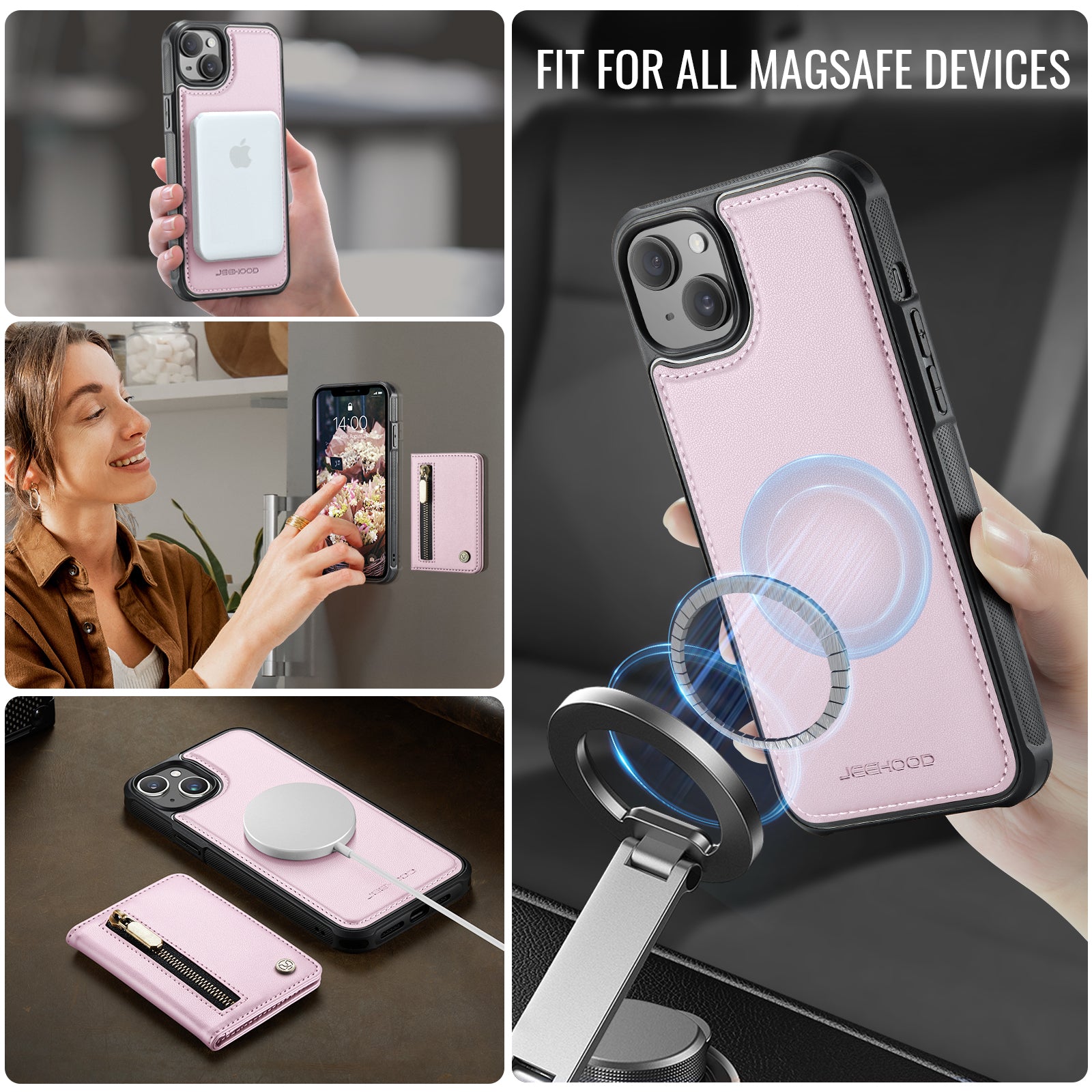 For iPhone 15 Plus / iPhone 14 Plus Case JEEHOOD J12 Magnetic  Detachable Zipper Wallet Kickstand Leather Back Cover Compatible with MagSafe