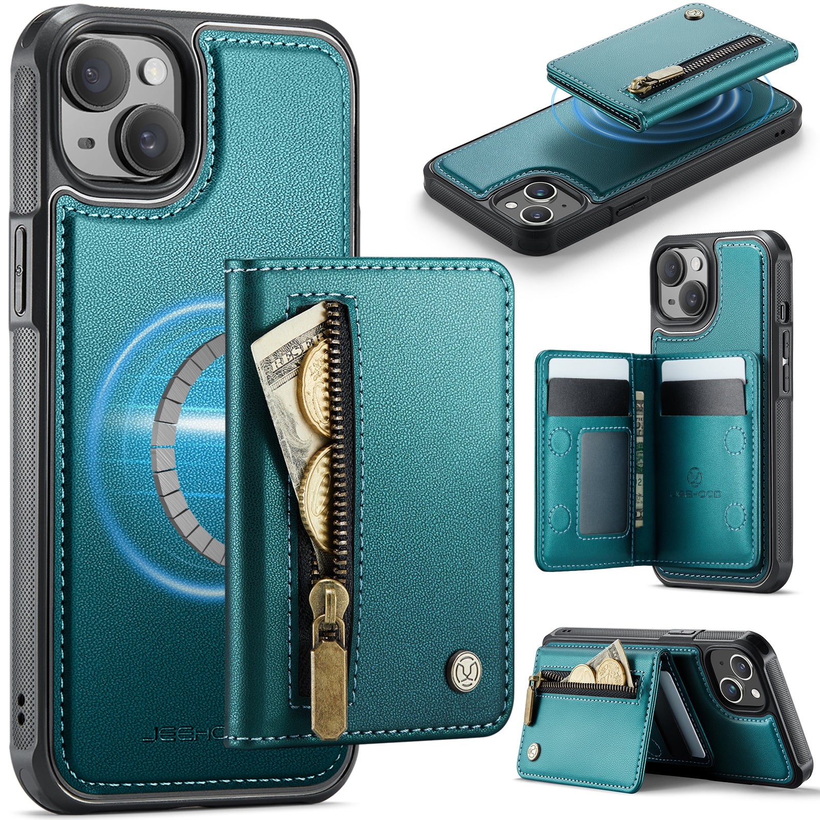For iPhone 14 Case JEEHOOD J12 Magnetic  Detachable Zipper Wallet Kickstand Leather Back Cover Compatible with MagSafe