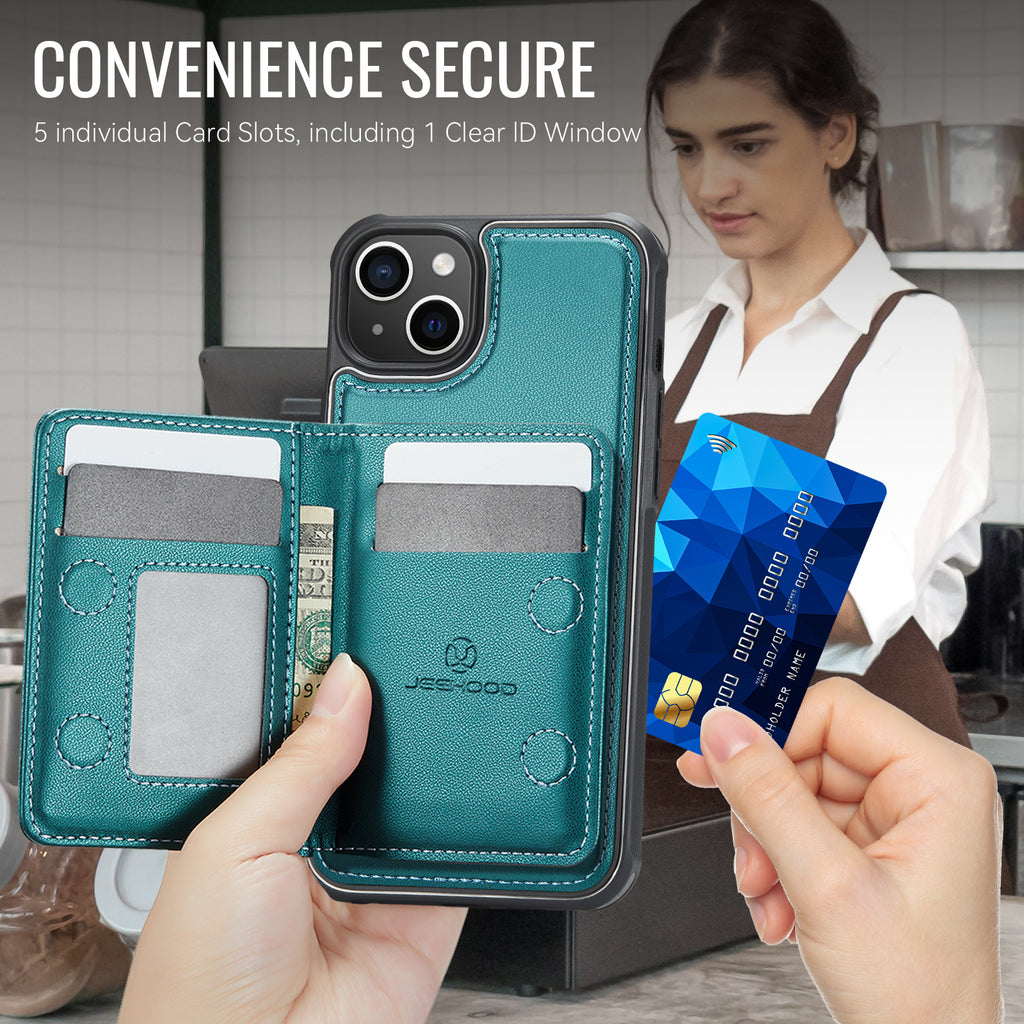 For iPhone 14 Case JEEHOOD J12 Magnetic  Detachable Zipper Wallet Kickstand Leather Back Cover Compatible with MagSafe