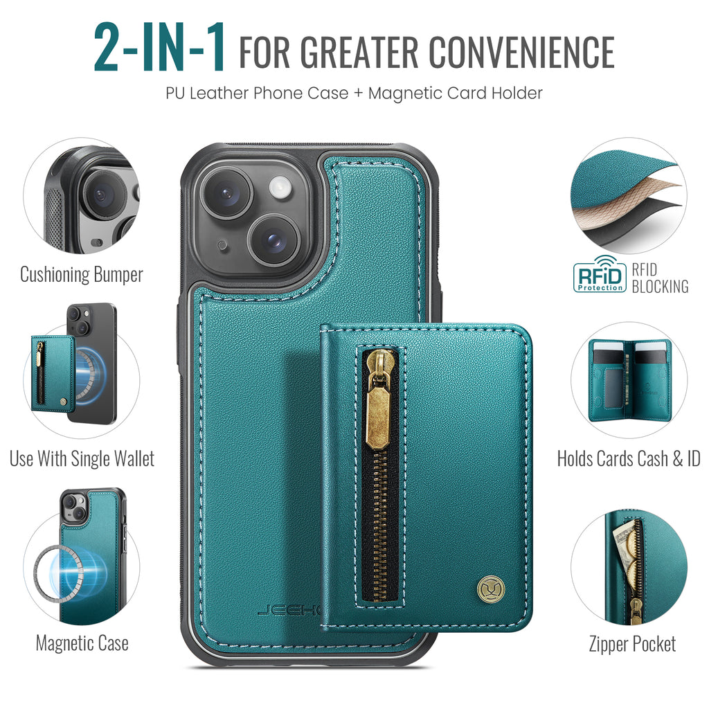 For iPhone 14 Case JEEHOOD J12 Magnetic  Detachable Zipper Wallet Kickstand Leather Back Cover Compatible with MagSafe