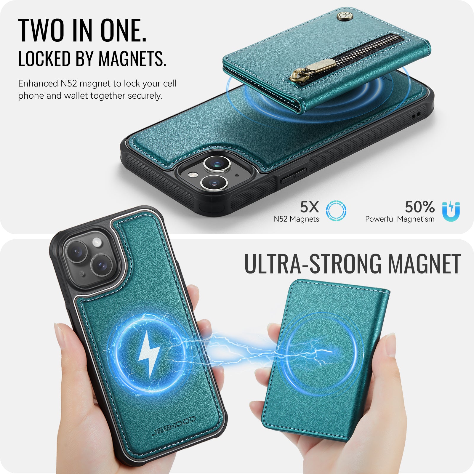 For iPhone 14 Case JEEHOOD J12 Magnetic  Detachable Zipper Wallet Kickstand Leather Back Cover Compatible with MagSafe