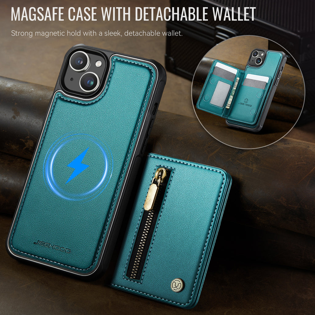 For iPhone 14 Case JEEHOOD J12 Magnetic  Detachable Zipper Wallet Kickstand Leather Back Cover Compatible with MagSafe