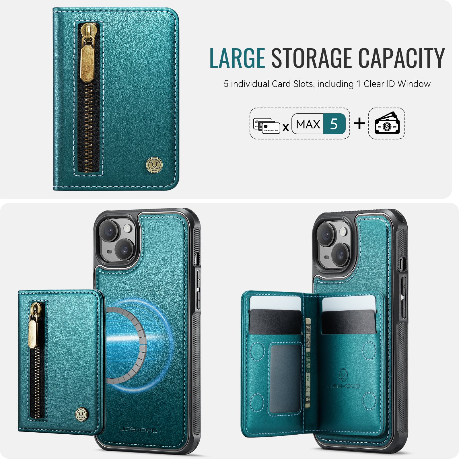 For iPhone 14 Case JEEHOOD J12 Magnetic  Detachable Zipper Wallet Kickstand Leather Back Cover Compatible with MagSafe