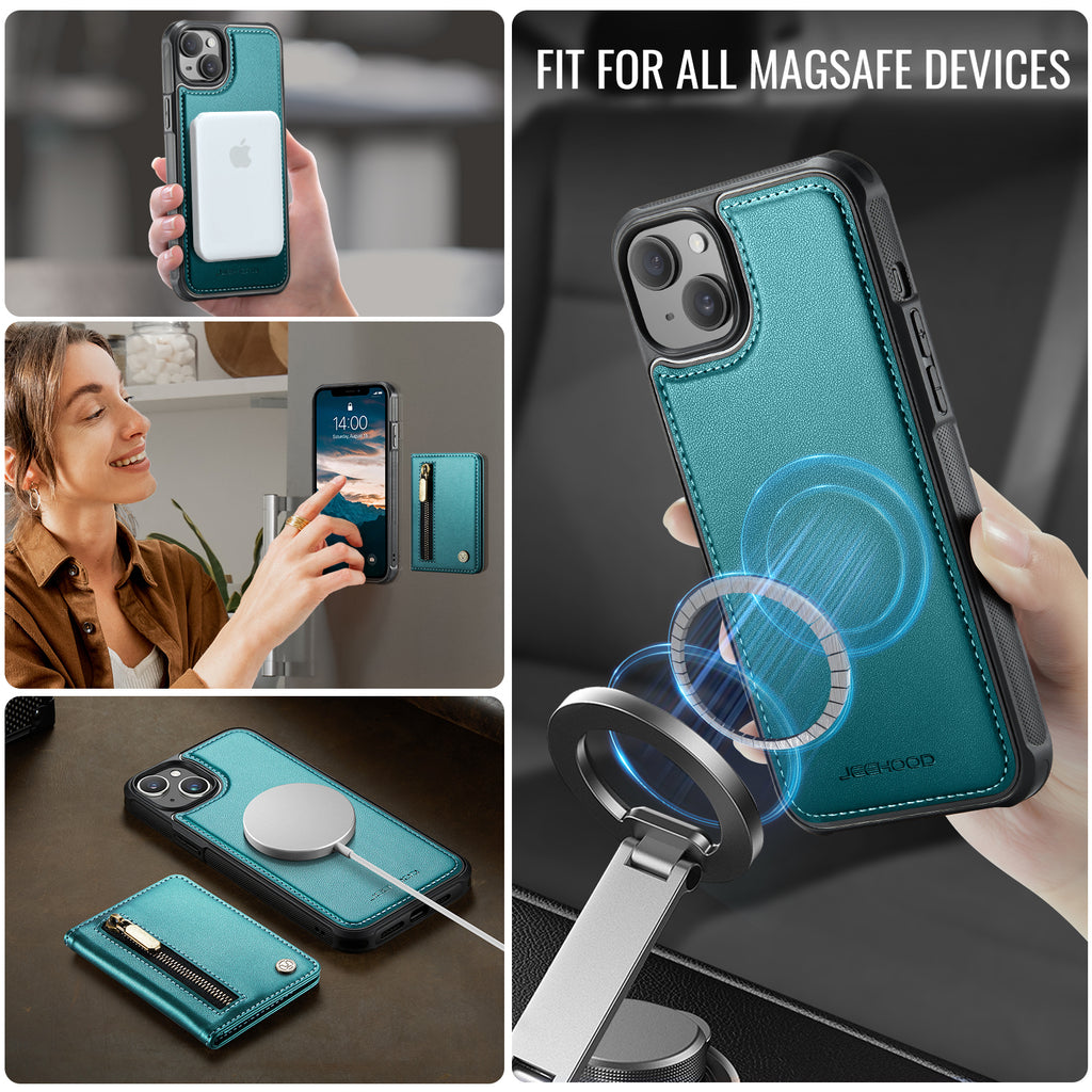 For iPhone 14 Case JEEHOOD J12 Magnetic  Detachable Zipper Wallet Kickstand Leather Back Cover Compatible with MagSafe