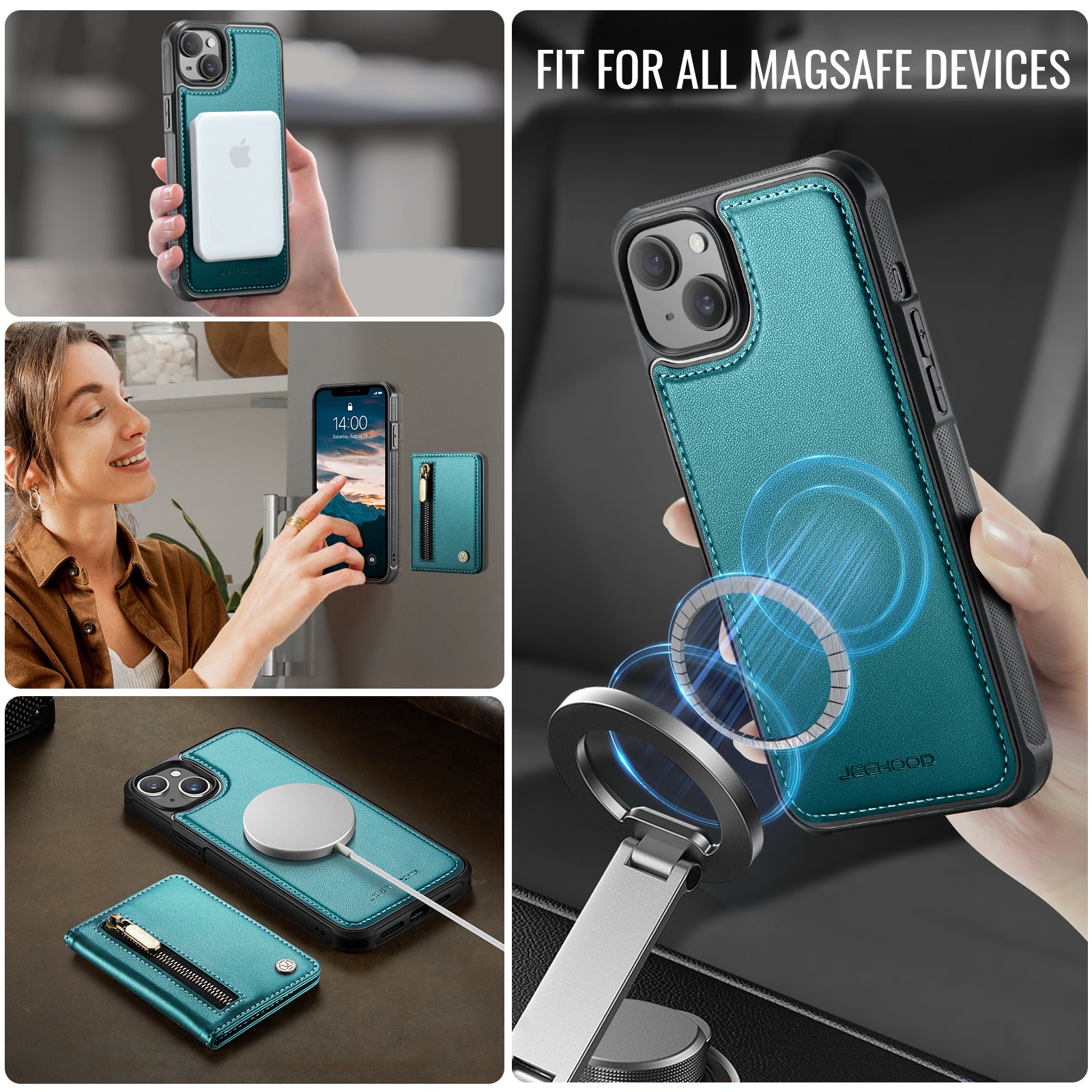 For iPhone 14 Case JEEHOOD J12 Magnetic  Detachable Zipper Wallet Kickstand Leather Back Cover Compatible with MagSafe