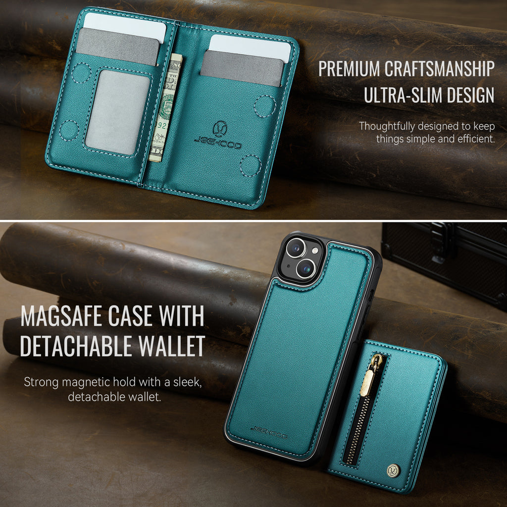 For iPhone 14 Case JEEHOOD J12 Magnetic  Detachable Zipper Wallet Kickstand Leather Back Cover Compatible with MagSafe