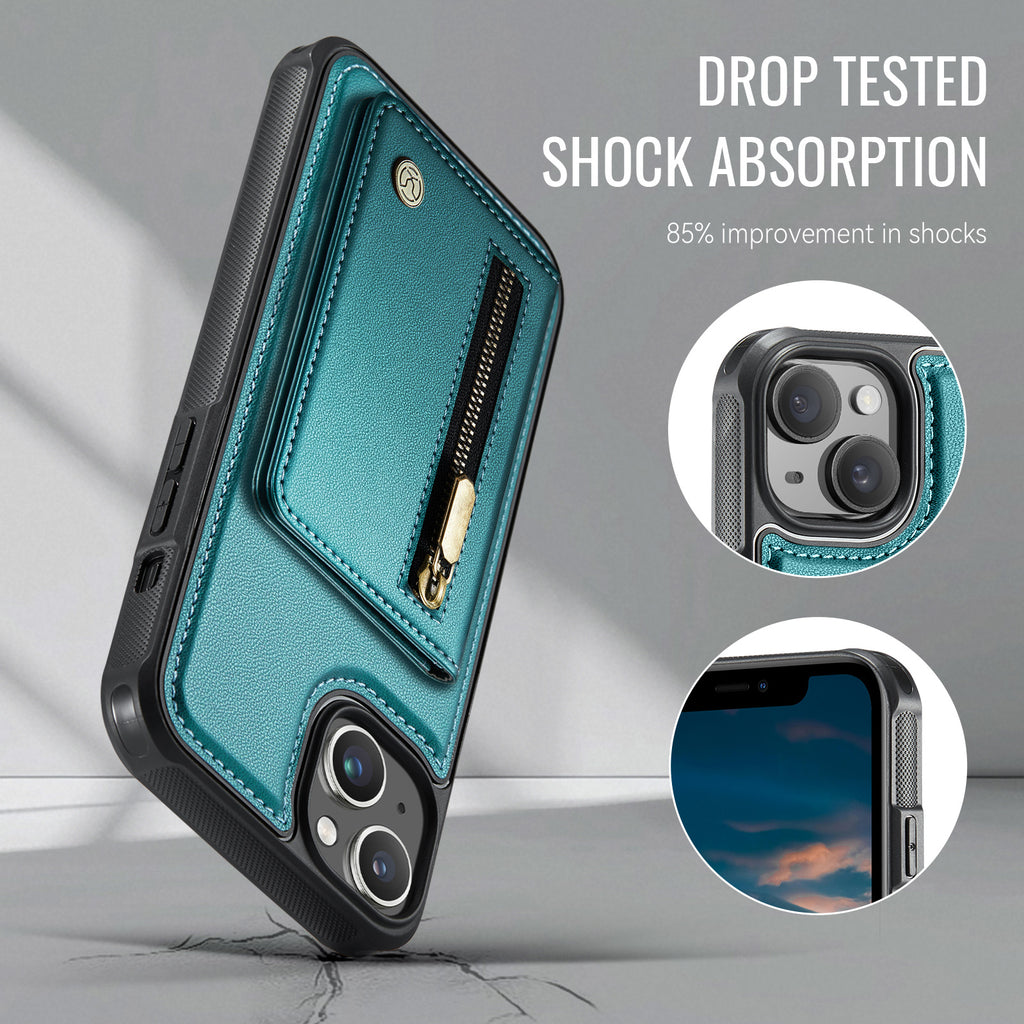 For iPhone 14 Case JEEHOOD J12 Magnetic  Detachable Zipper Wallet Kickstand Leather Back Cover Compatible with MagSafe