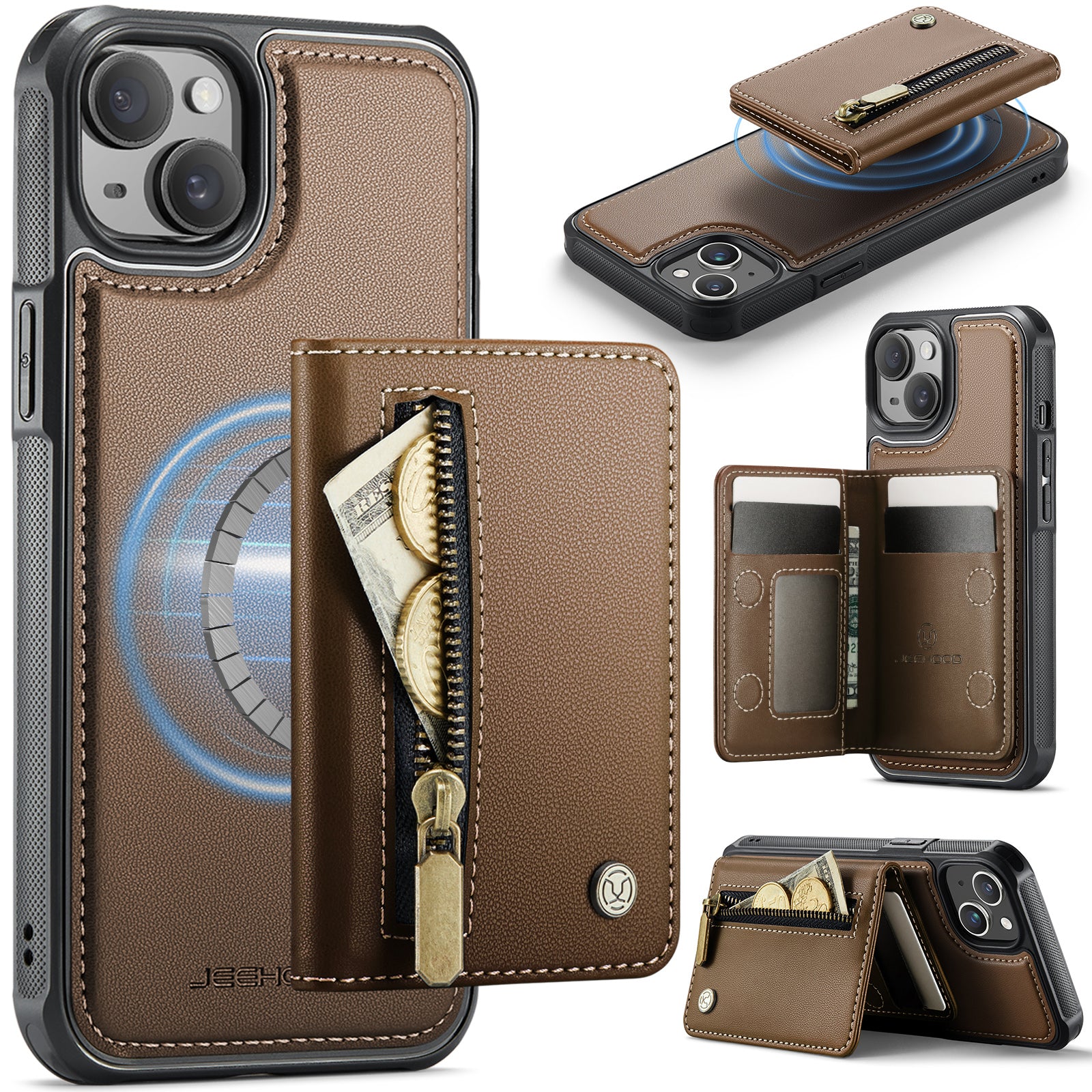 For iPhone 14 Case JEEHOOD J12 Magnetic  Detachable Zipper Wallet Kickstand Leather Back Cover Compatible with MagSafe