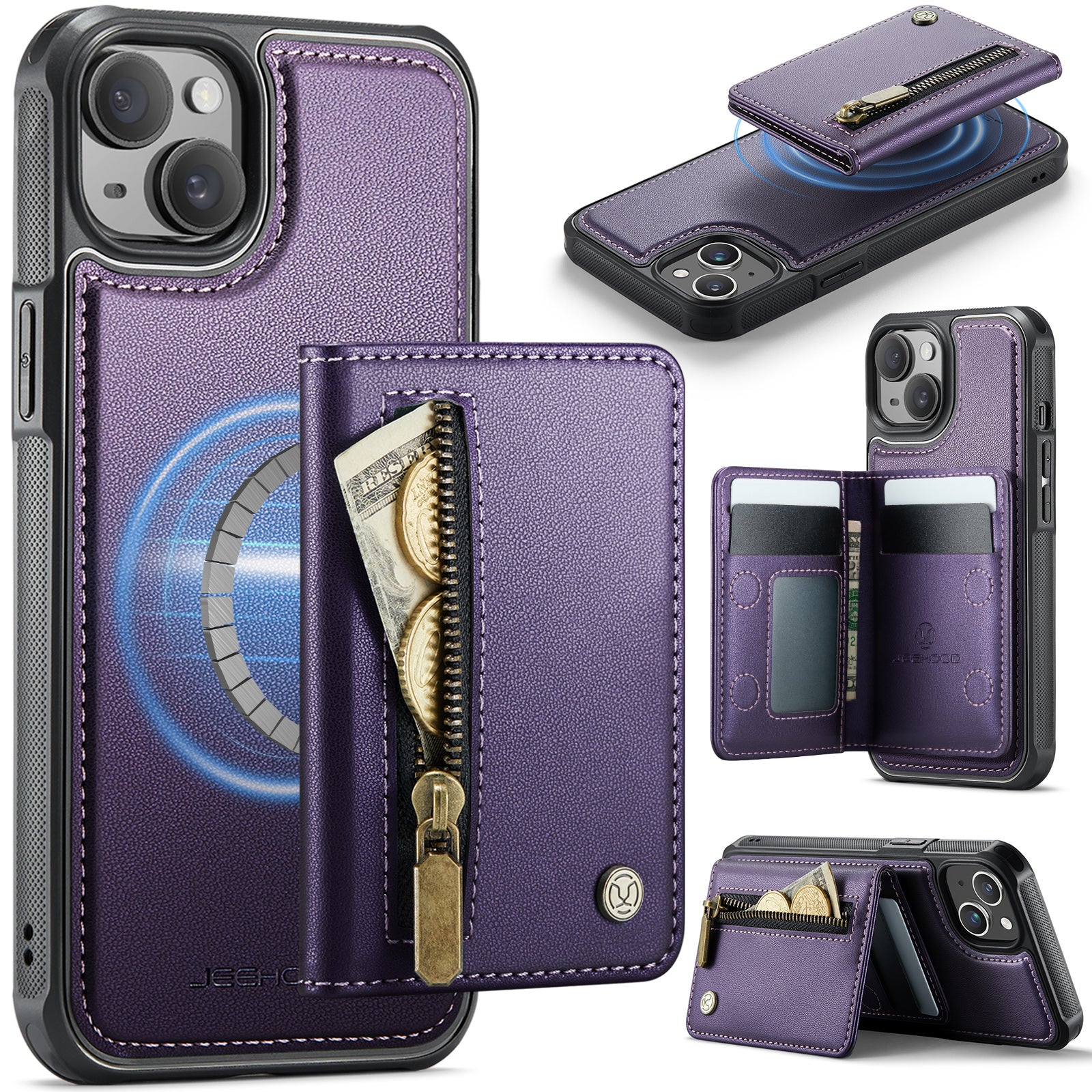 For iPhone 14 Case JEEHOOD J12 Magnetic  Detachable Zipper Wallet Kickstand Leather Back Cover Compatible with MagSafe