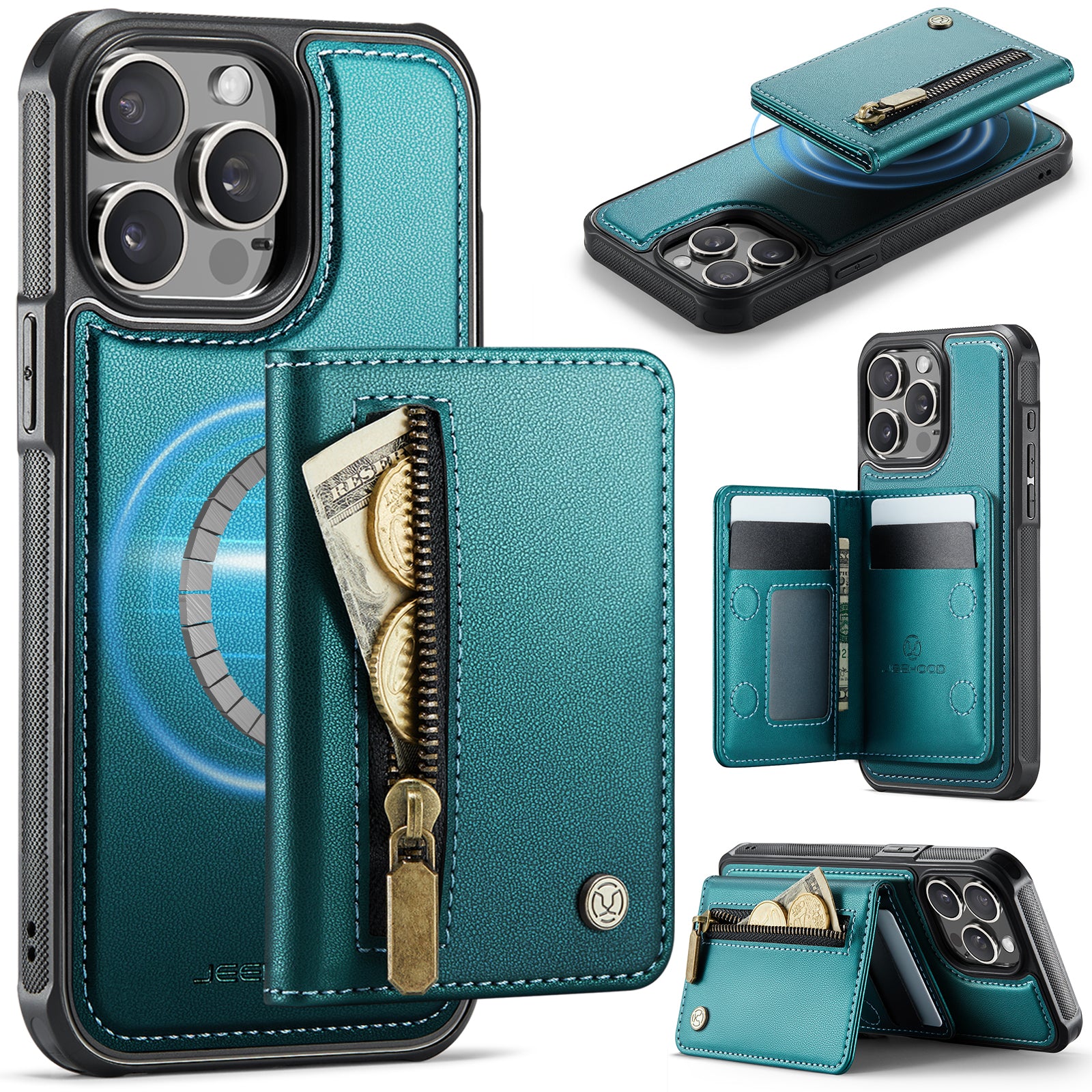 For iPhone 14 Pro Case JEEHOOD J12 Magnetic  Detachable Zipper Wallet Kickstand Leather Back Cover Compatible with MagSafe