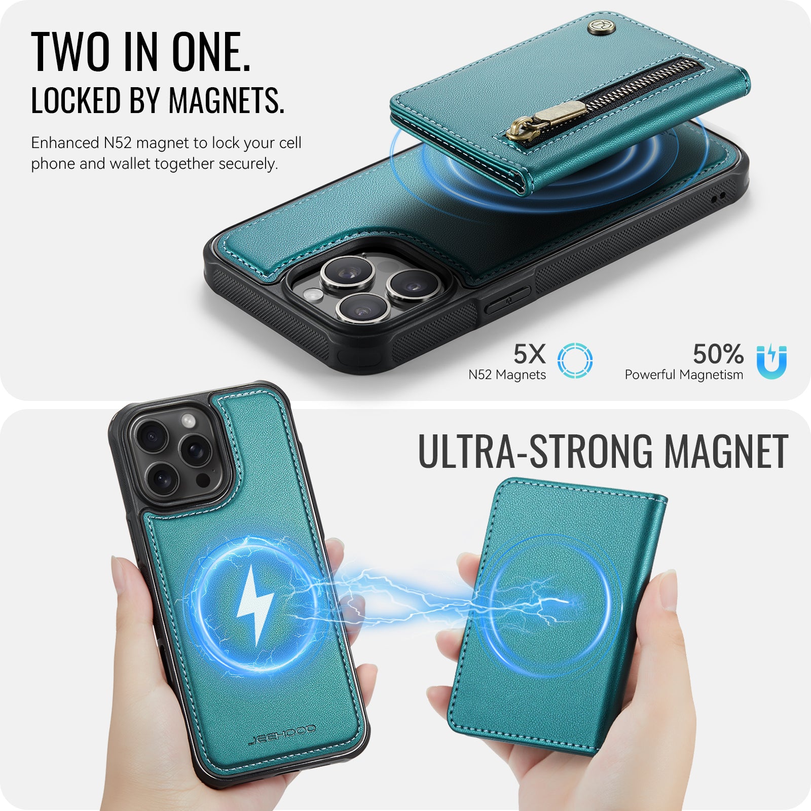 For iPhone 14 Pro Case JEEHOOD J12 Magnetic  Detachable Zipper Wallet Kickstand Leather Back Cover Compatible with MagSafe