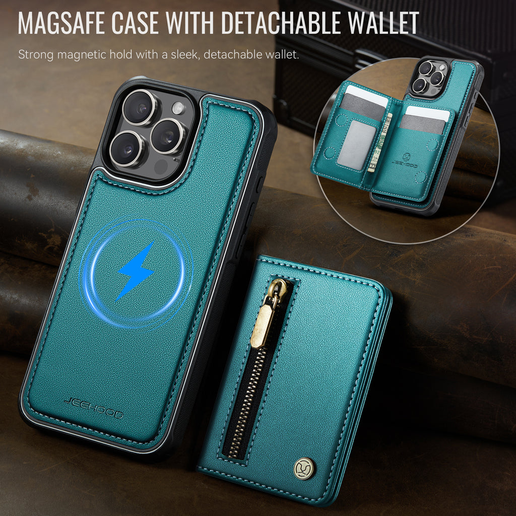 Étui JEEHOOD J12 pour iPhone 14 Pro, portefeuille magnétique détachable avec fermeture éclair et support intégré, dos en cuir compatible MagSafe
