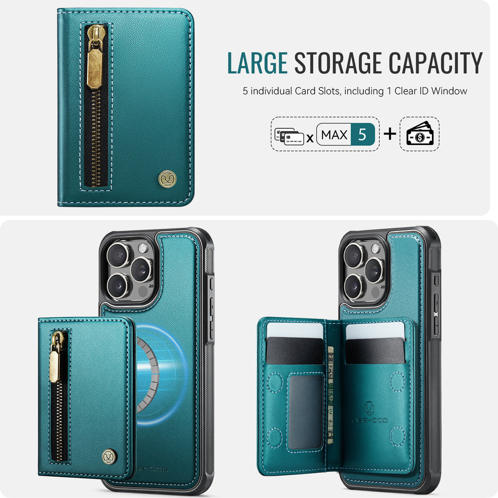 Étui JEEHOOD J12 pour iPhone 14 Pro, portefeuille magnétique détachable avec fermeture éclair et support intégré, dos en cuir compatible MagSafe