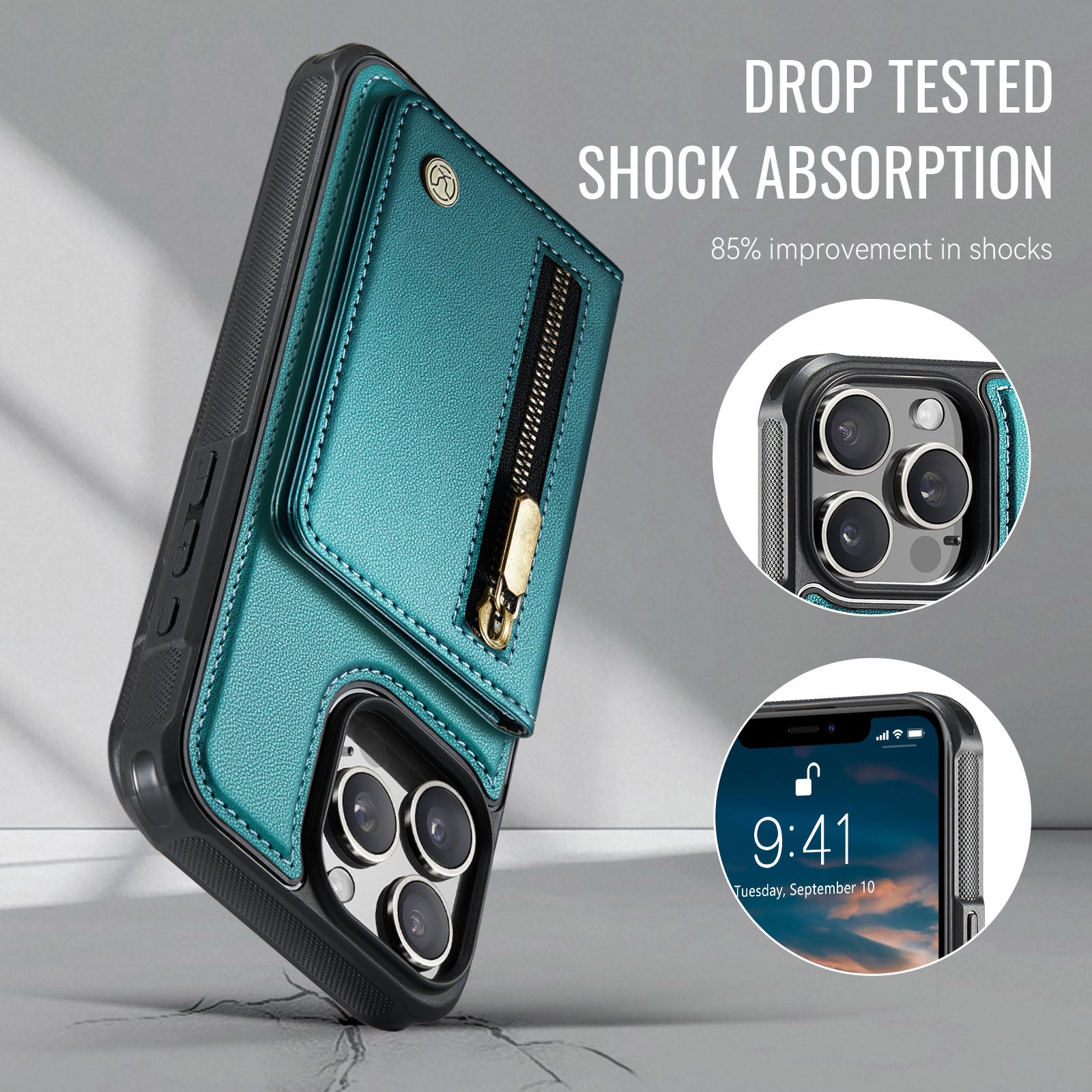 Étui JEEHOOD J12 pour iPhone 14 Pro, portefeuille magnétique détachable avec fermeture éclair et support intégré, dos en cuir compatible MagSafe