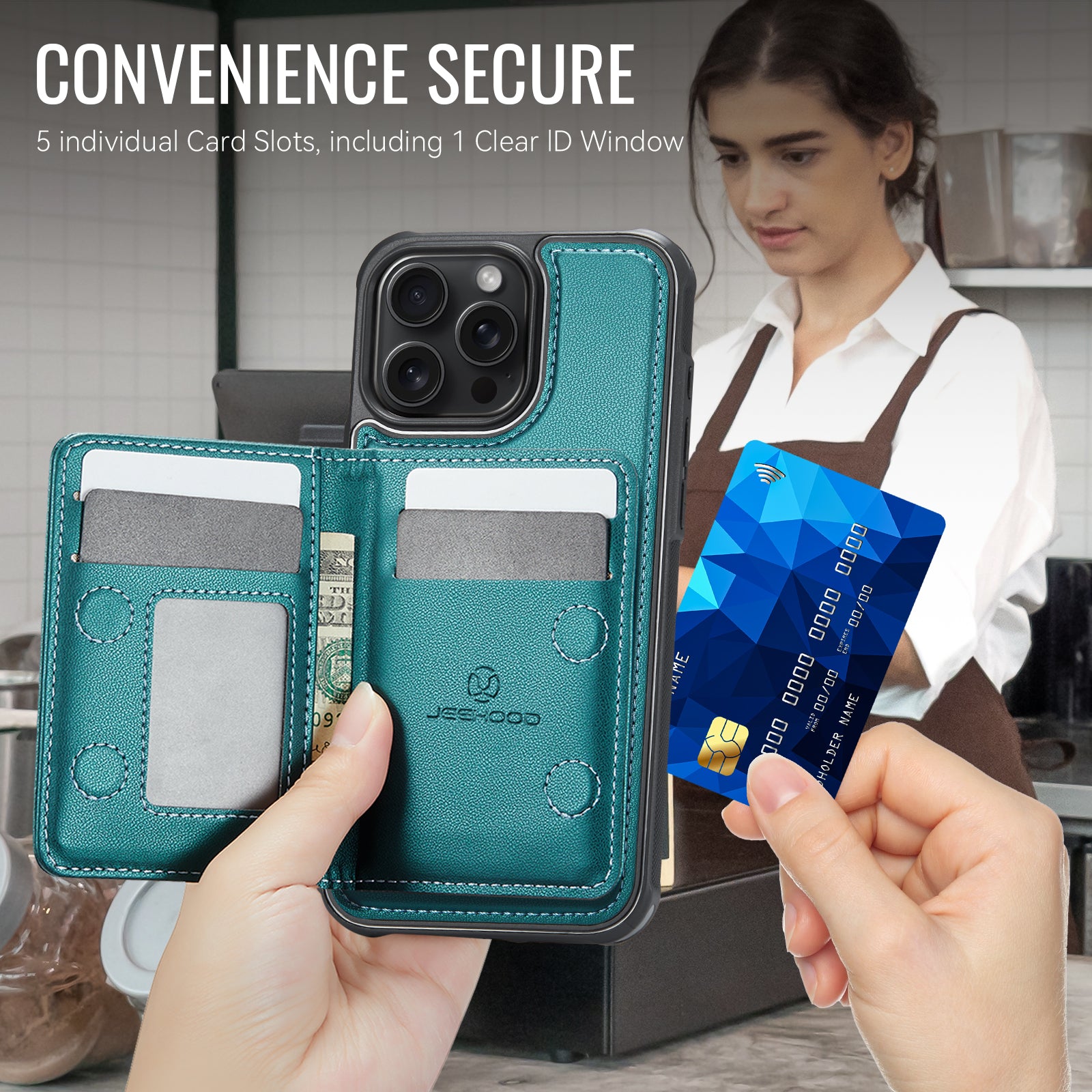 Étui JEEHOOD J12 pour iPhone 14 Pro Max, portefeuille magnétique détachable avec fermeture éclair et support intégré, coque arrière en cuir compatible MagSafe