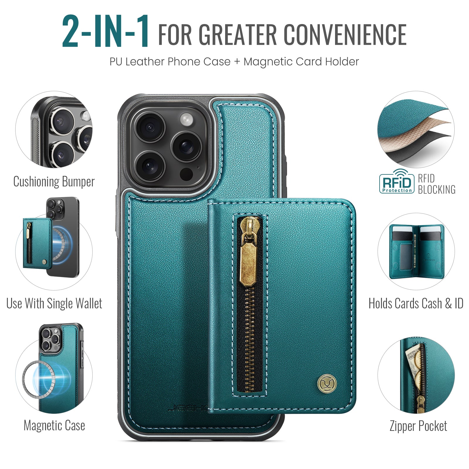 For iPhone 14 Pro Max Case JEEHOOD J12 Magnetic  Detachable Zipper Wallet Kickstand Leather Back Cover Compatible with MagSafe