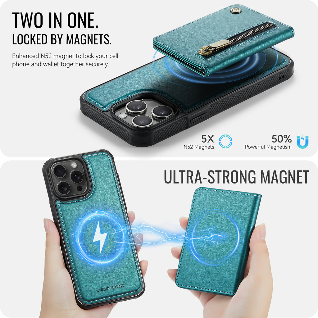 Étui JEEHOOD J12 pour iPhone 14 Pro Max, portefeuille magnétique détachable avec fermeture éclair et support intégré, coque arrière en cuir compatible MagSafe
