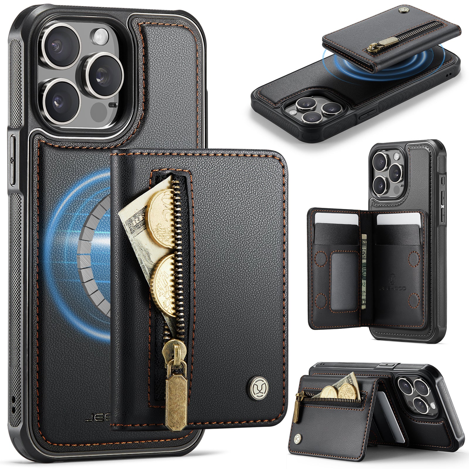 For iPhone 14 Pro Max Case JEEHOOD J12 Magnetic  Detachable Zipper Wallet Kickstand Leather Back Cover Compatible with MagSafe