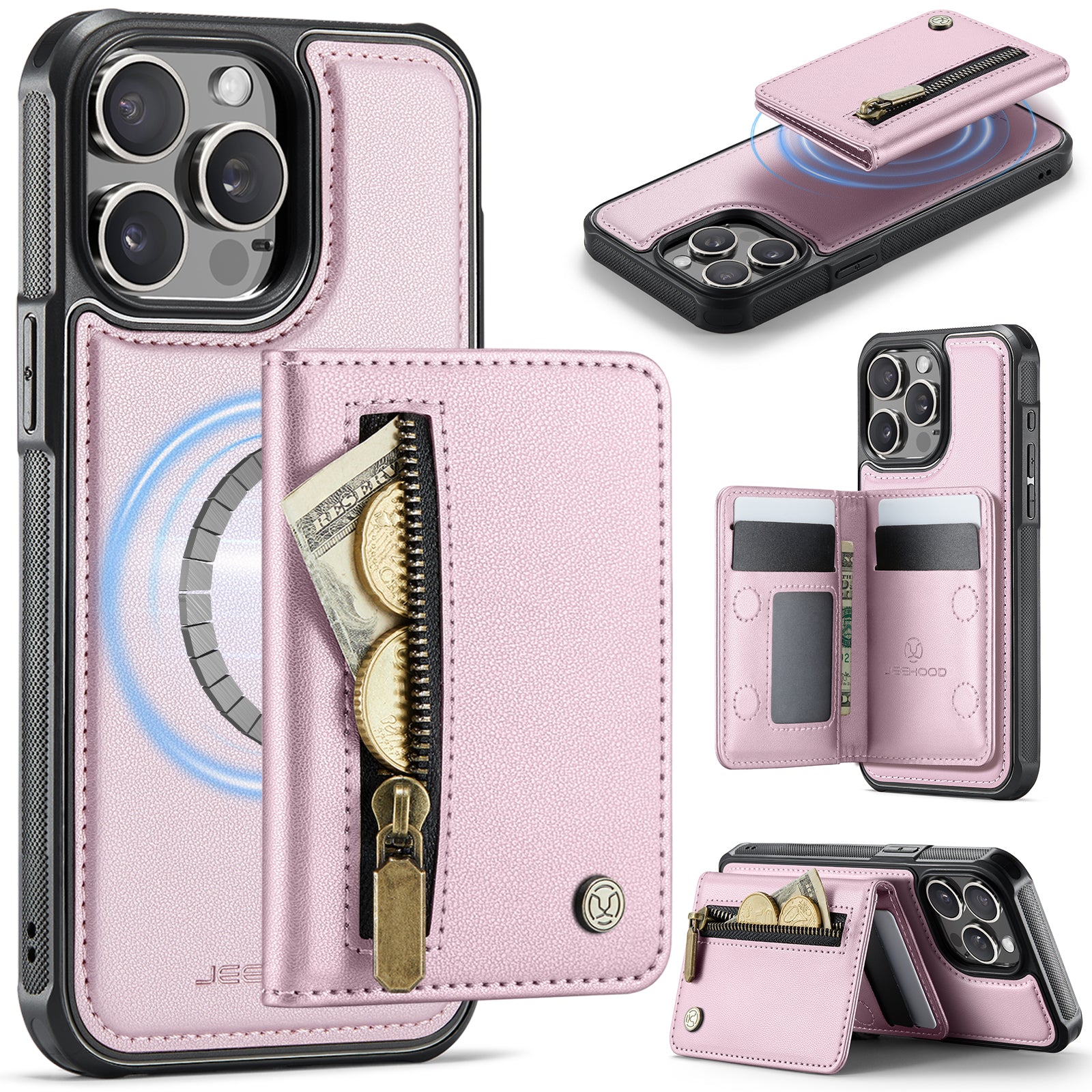 For iPhone 14 Pro Max Case JEEHOOD J12 Magnetic  Detachable Zipper Wallet Kickstand Leather Back Cover Compatible with MagSafe