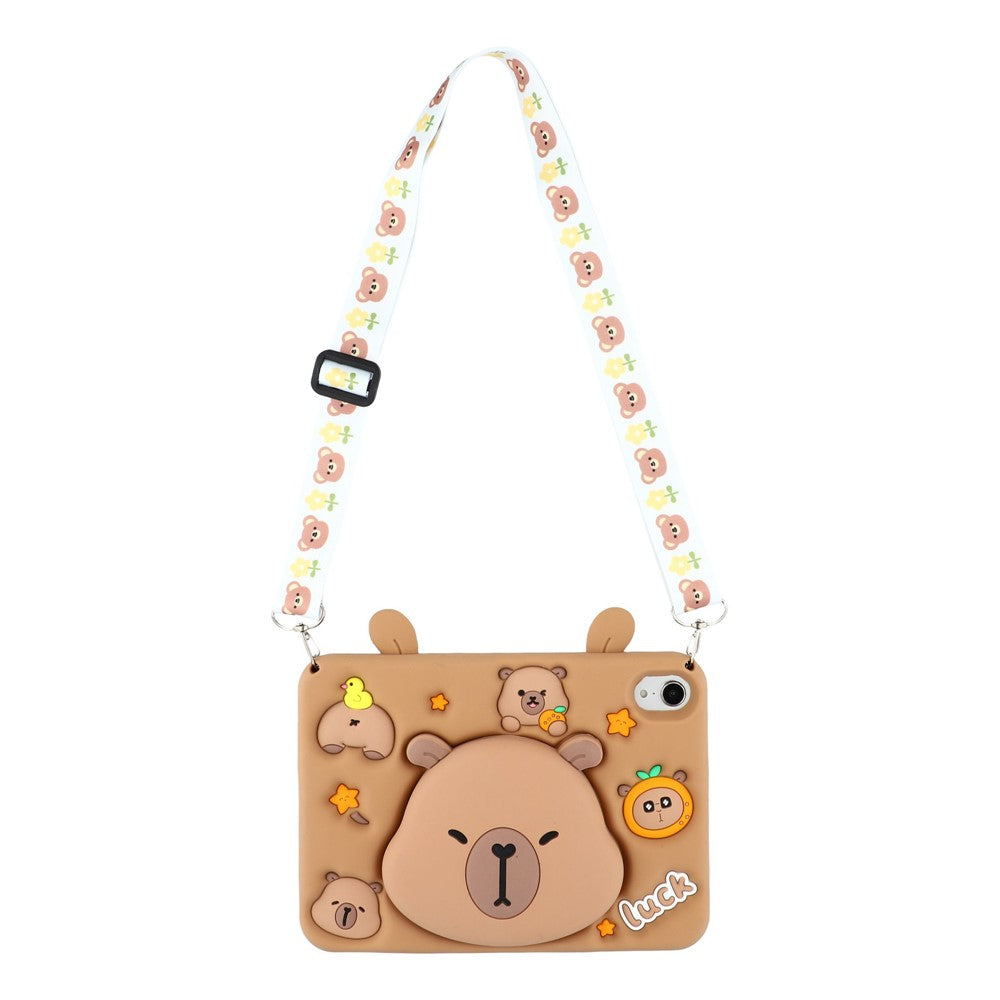 For iPad mini (2024) / (2021) Case Cute Silicone Tablet Cover with Retractable Bear Kickstand / Shoulder Strap