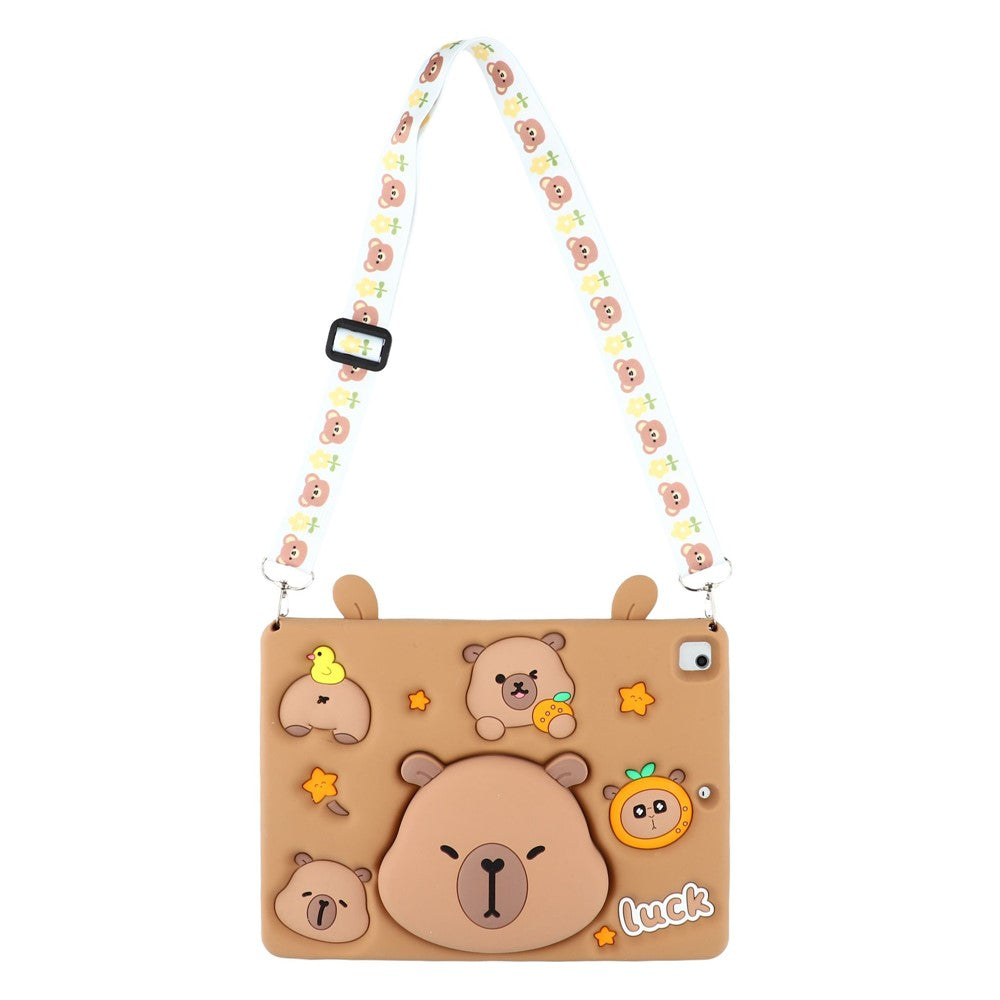 Cute Silicone Case for iPad 9.7-inch (2018) / (2017) / iPad Air 2 / Air (2013) Tablet Cover with Retractable Bear Kickstand / Shoulder Strap