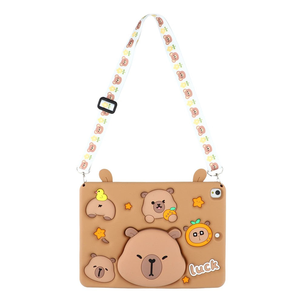 Cute Silicone Case for iPad 10.2 (2021) / (2020) / (2019) / iPad Air 10.5 inch (2019) / Pro 10.5-inch (2017) Tablet Cover with Retractable Bear Kickstand / Shoulder Strap