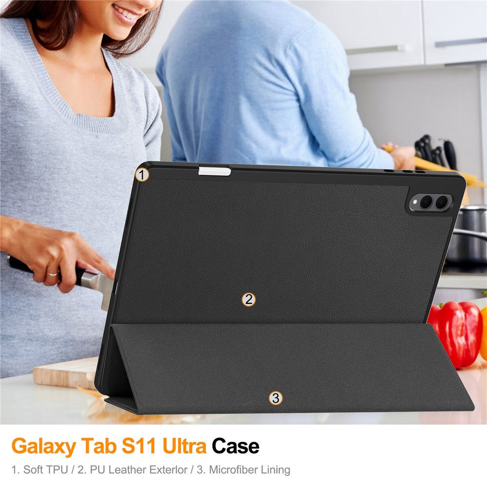 For Samsung Galaxy Tab S11 Ultra Stand Case Shock-Absorbent Leather Tablet Cover with Pen Slot