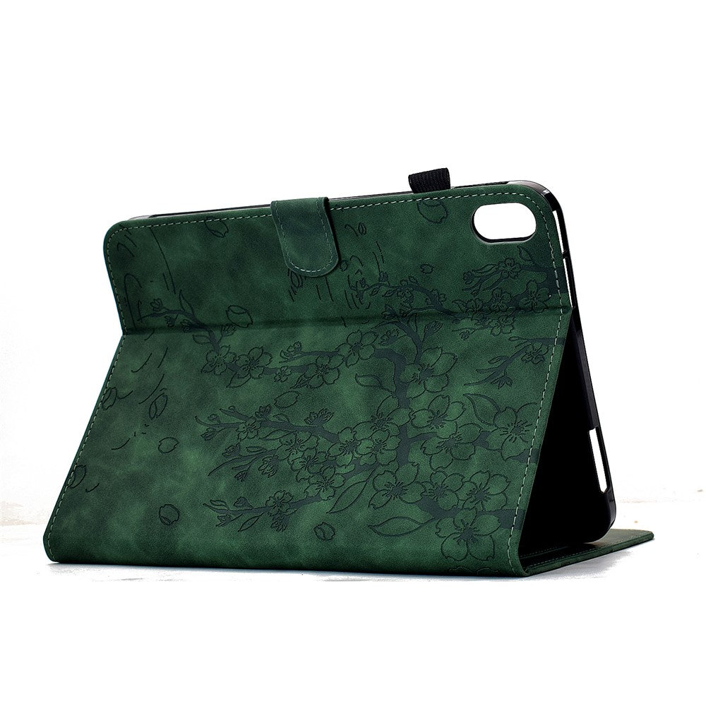 Étui pour iPad mini (2024) / mini (2021) avec motif fleurs de prunier, support, emplacements pour cartes, protection en cuir et fonction veille/réveil automatique.