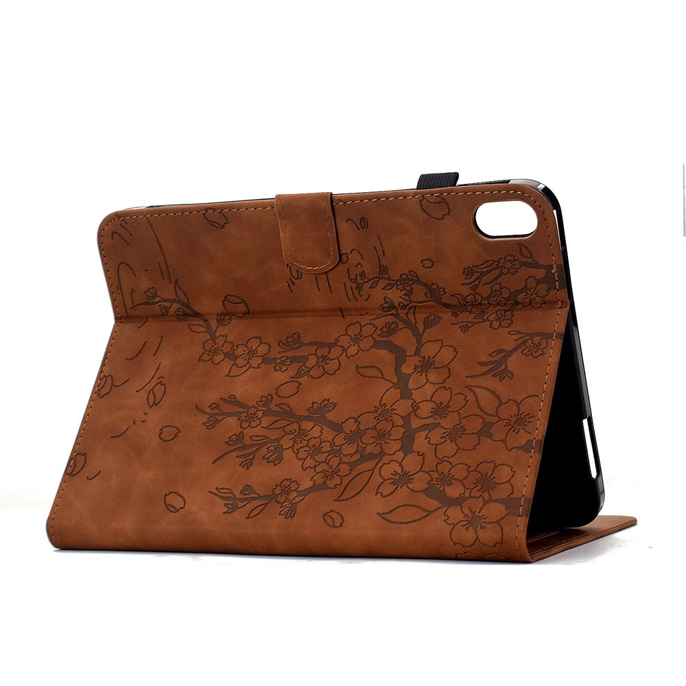Étui pour iPad (2025) / iPad 10.9 (2022) avec motif de fleurs de prunier, support, emplacements pour cartes et fonction veille/réveil automatique.