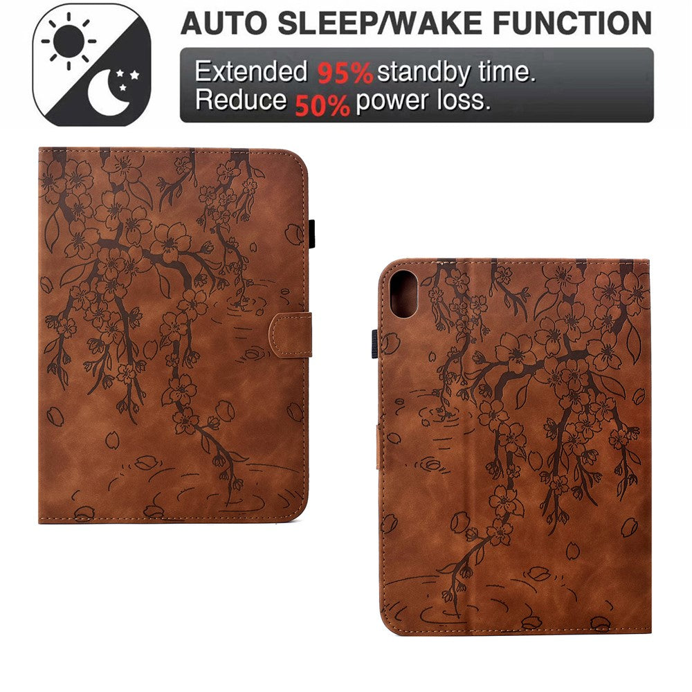 Étui pour iPad (2025) / iPad 10.9 (2022) avec motif de fleurs de prunier, support, emplacements pour cartes et fonction veille/réveil automatique.