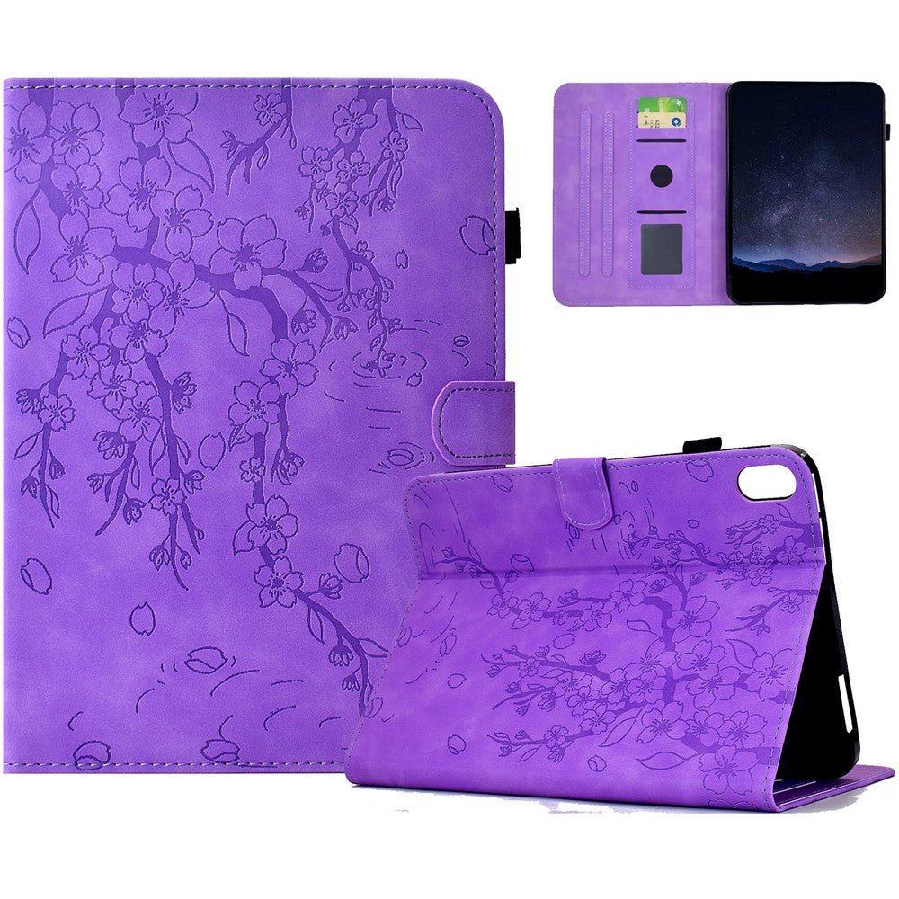 Funda para iPad (2025) / iPad 10.9 (2022) con estampado de flor de ciruelo, soporte, ranuras para tarjetas, cubierta de piel para tableta con función de encendido/apagado automático.