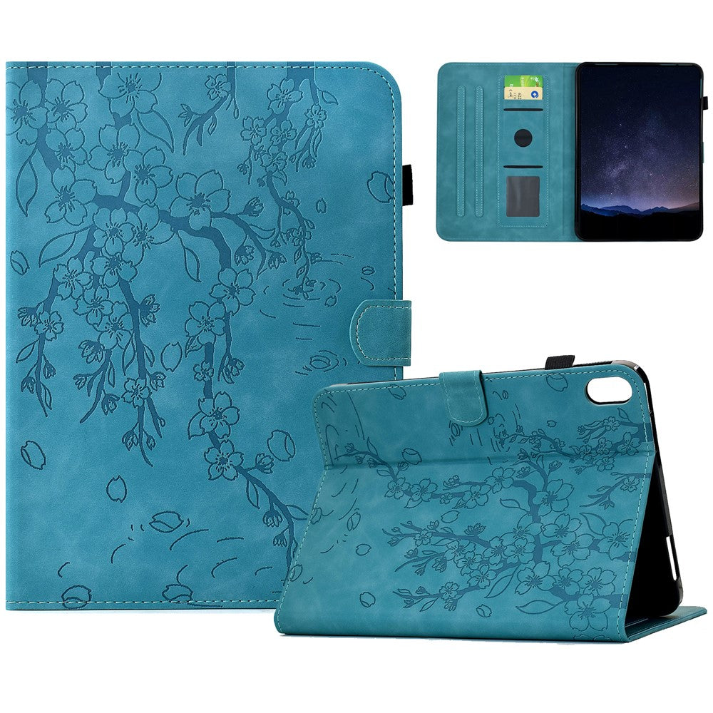Étui pour iPad (2025) / iPad 10.9 (2022) avec motif de fleurs de prunier, support, emplacements pour cartes et fonction veille/réveil automatique.
