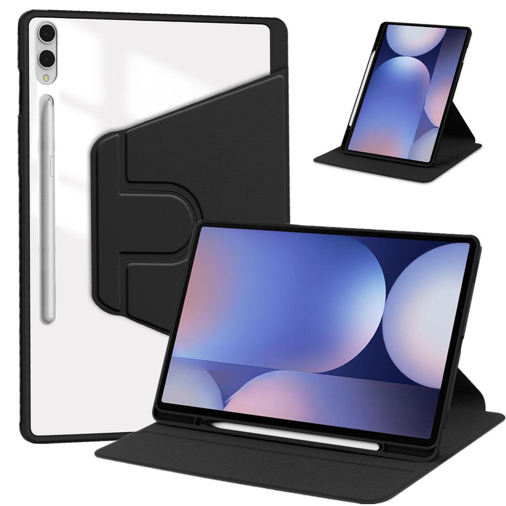 For Samsung Galaxy Tab S11 Ultra Case Rotating Stand PU Leather Clear Acrylic Back Tablet Cover with Pen Slot
