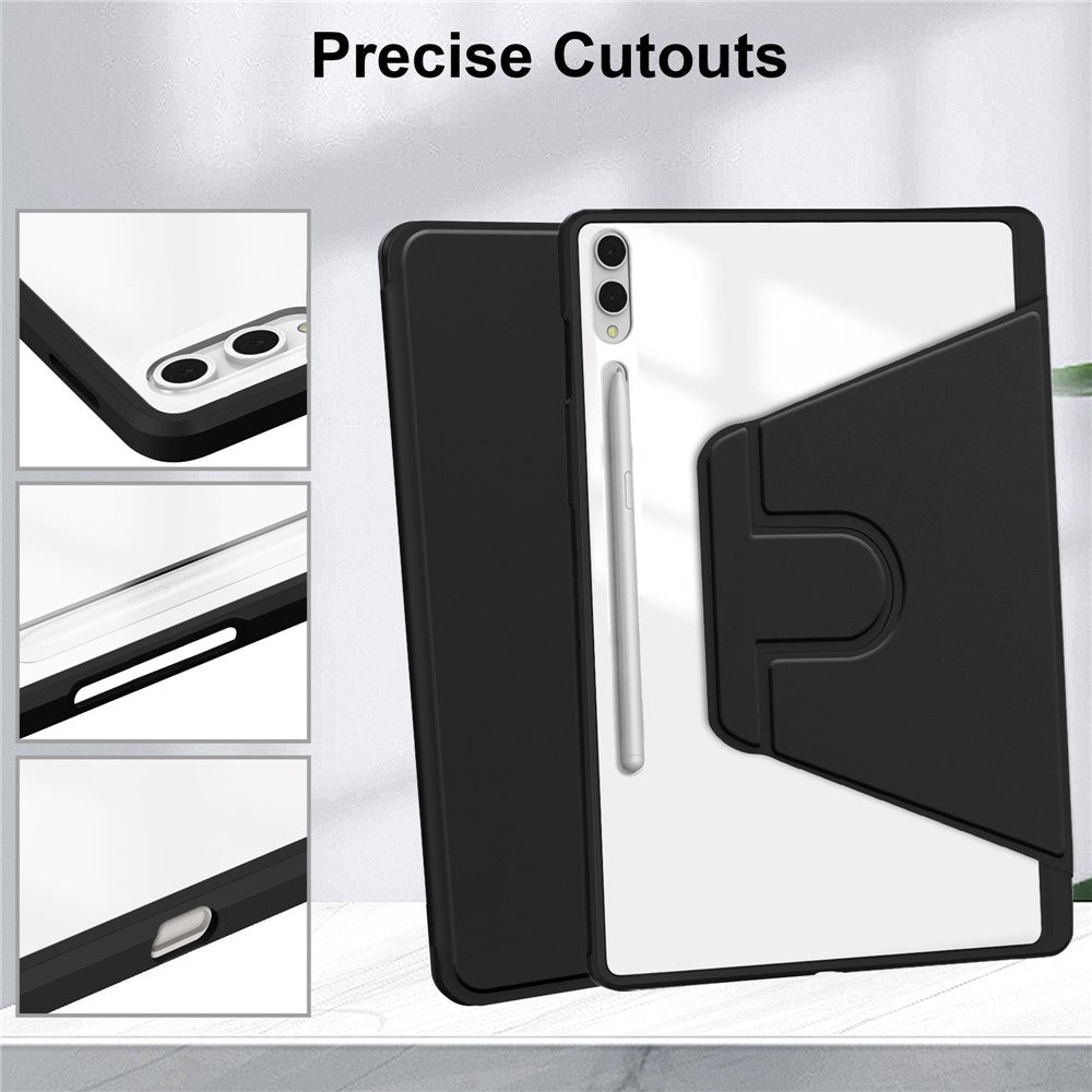 For Samsung Galaxy Tab S11 Ultra Case Rotating Stand PU Leather Clear Acrylic Back Tablet Cover with Pen Slot