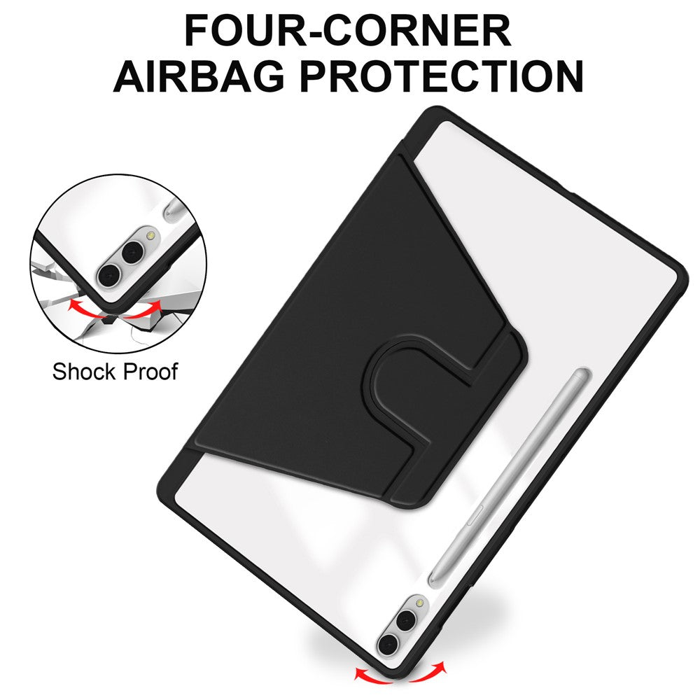 For Samsung Galaxy Tab S11 Ultra Case Rotating Stand PU Leather Clear Acrylic Back Tablet Cover with Pen Slot