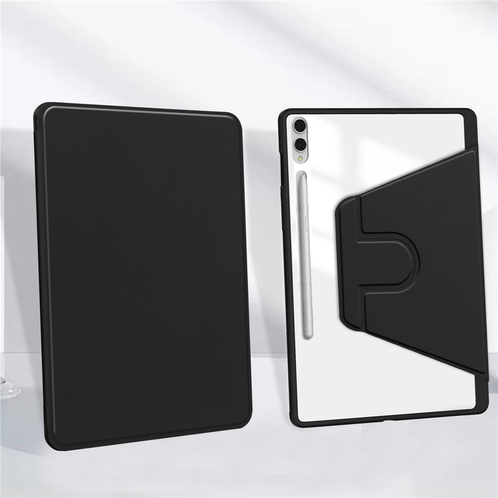 For Samsung Galaxy Tab S11 Ultra Case Rotating Stand PU Leather Clear Acrylic Back Tablet Cover with Pen Slot