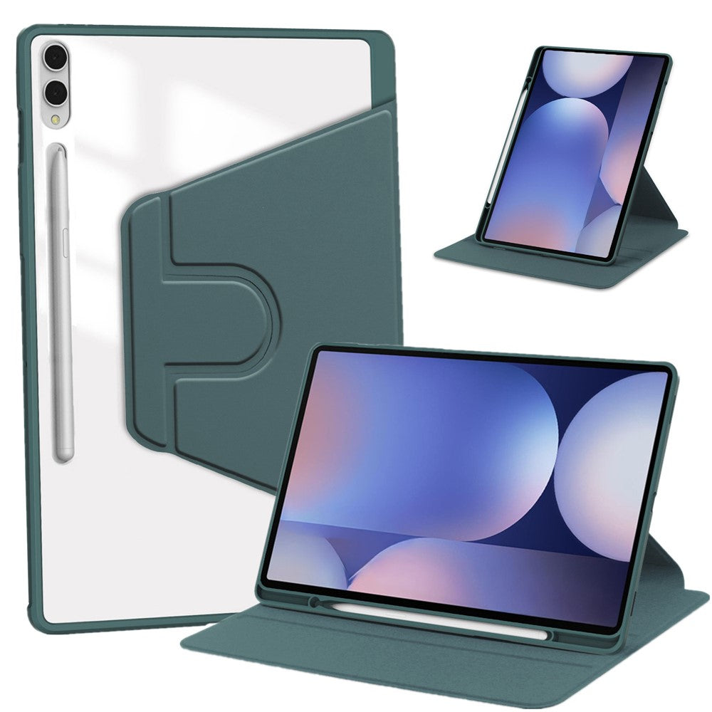 For Samsung Galaxy Tab S11 Ultra Case Rotating Stand PU Leather Clear Acrylic Back Tablet Cover with Pen Slot