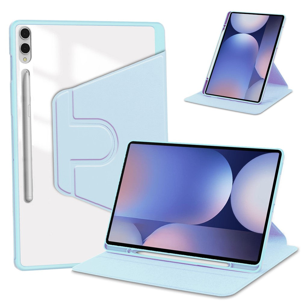 For Samsung Galaxy Tab S11 Ultra Case Rotating Stand PU Leather Clear Acrylic Back Tablet Cover with Pen Slot