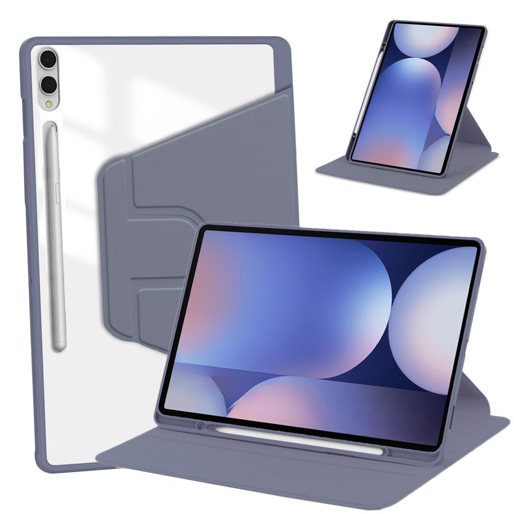 For Samsung Galaxy Tab S11 Ultra Case Rotating Stand PU Leather Clear Acrylic Back Tablet Cover with Pen Slot