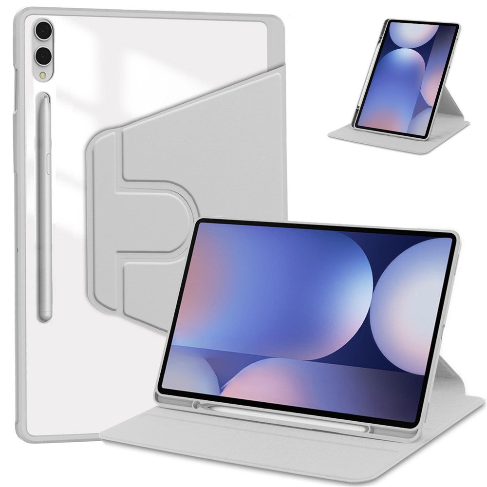 For Samsung Galaxy Tab S11 Ultra Case Rotating Stand PU Leather Clear Acrylic Back Tablet Cover with Pen Slot