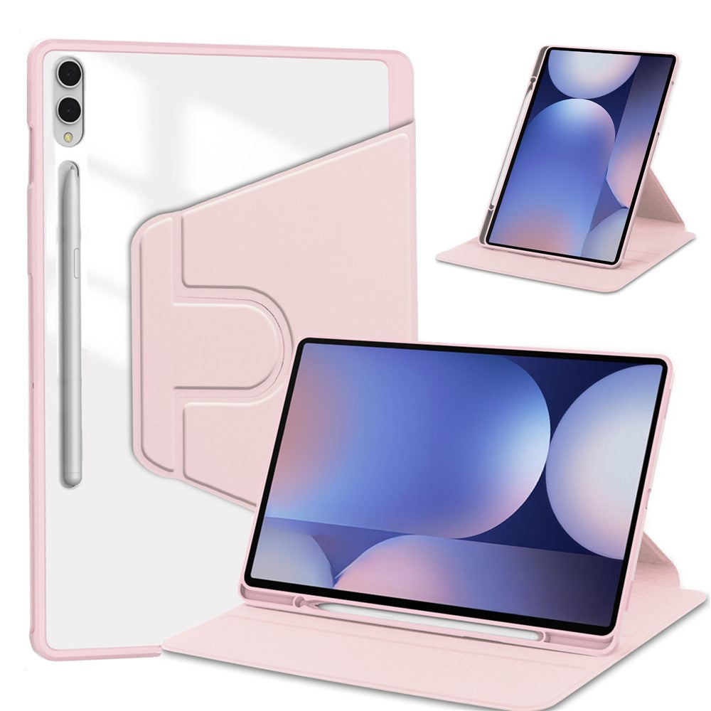 For Samsung Galaxy Tab S11 Ultra Case Rotating Stand PU Leather Clear Acrylic Back Tablet Cover with Pen Slot